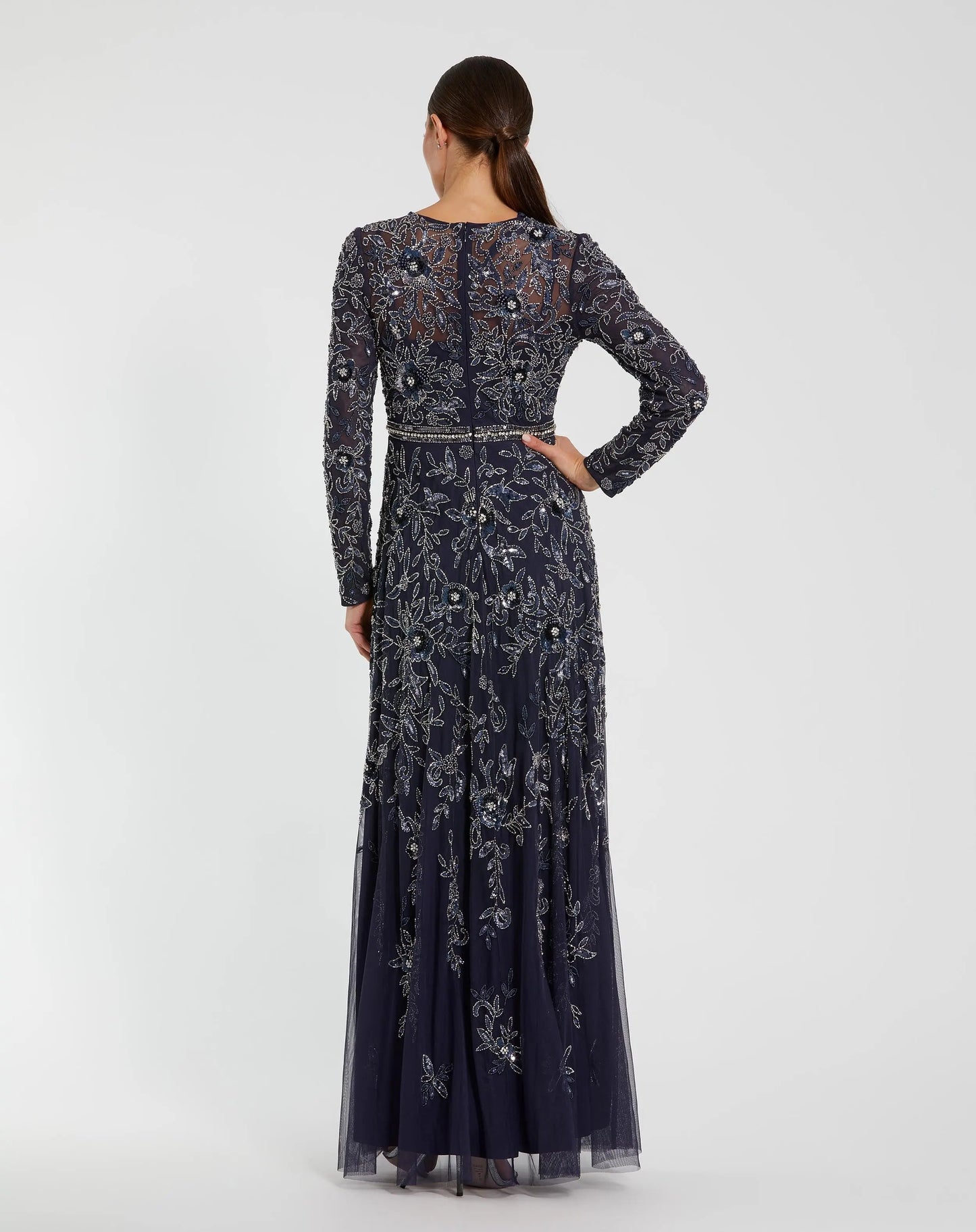 Navy Long Sleeve Floral Embellished A-line Gown