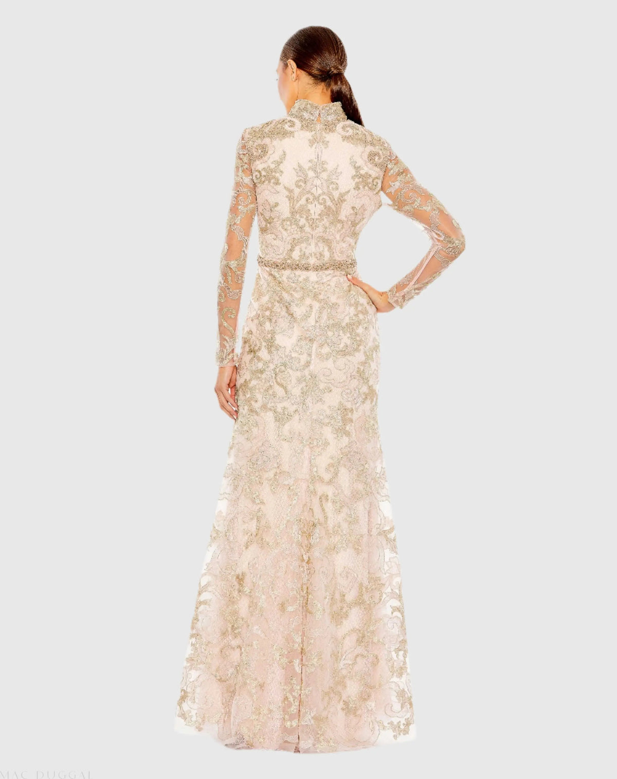 Pink Queen Anne Lace Long Sleeve V-Neck Trumpet Gown