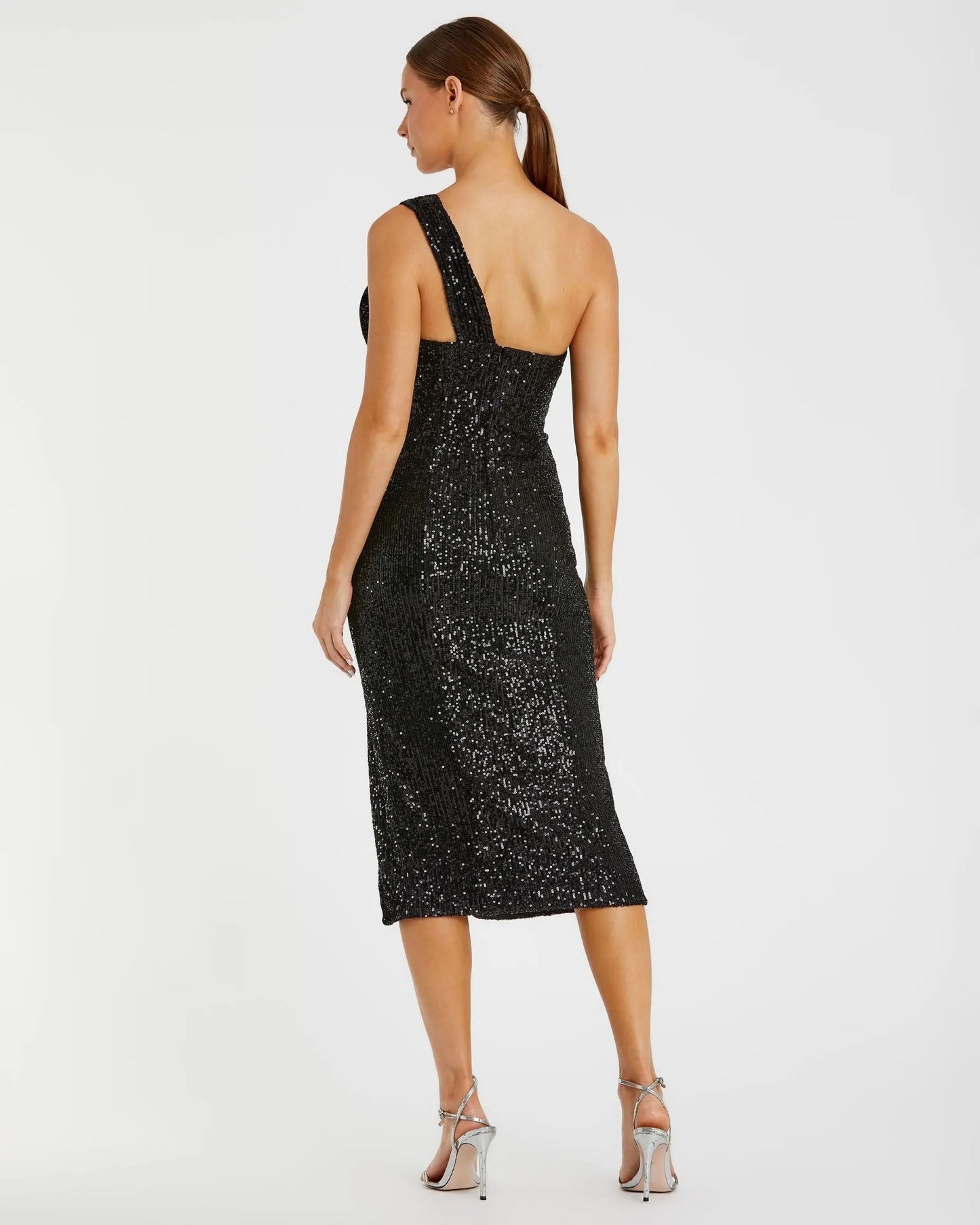 Black Sequined One Shoulder Front Bow Dress