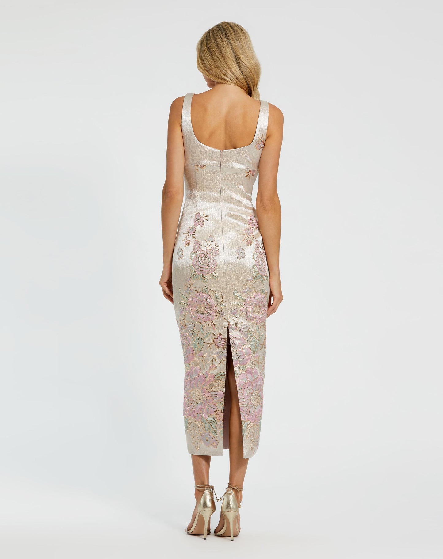 Ivory Slim Strap Scoop Neck Bustier Brocade Midi Dress