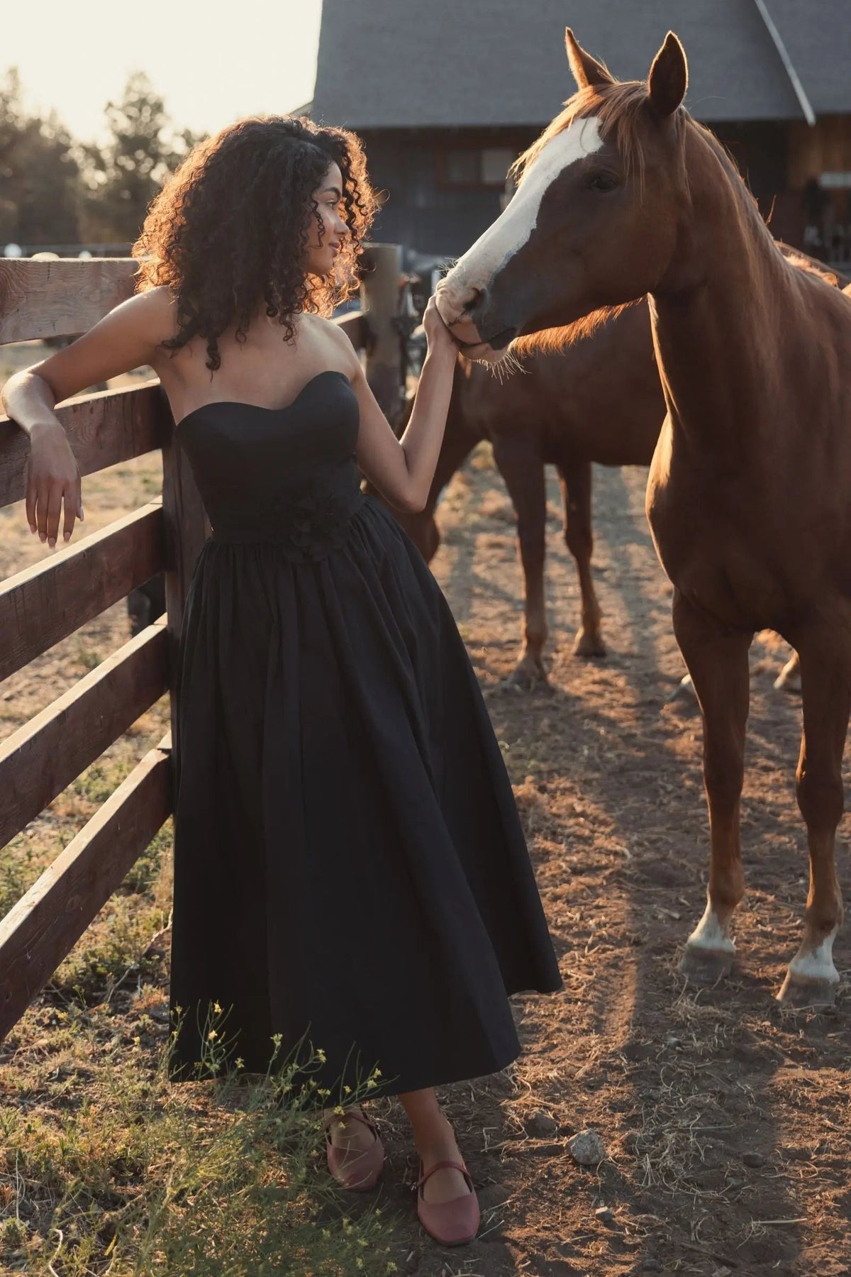 Black Faille Strapless A Line Midi Dress With 3D Rose