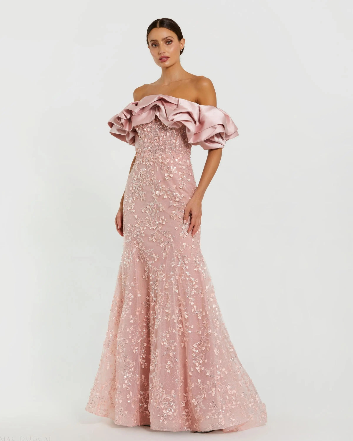 Beaded Mermaid Gown With Off The Shoulder Ruffle