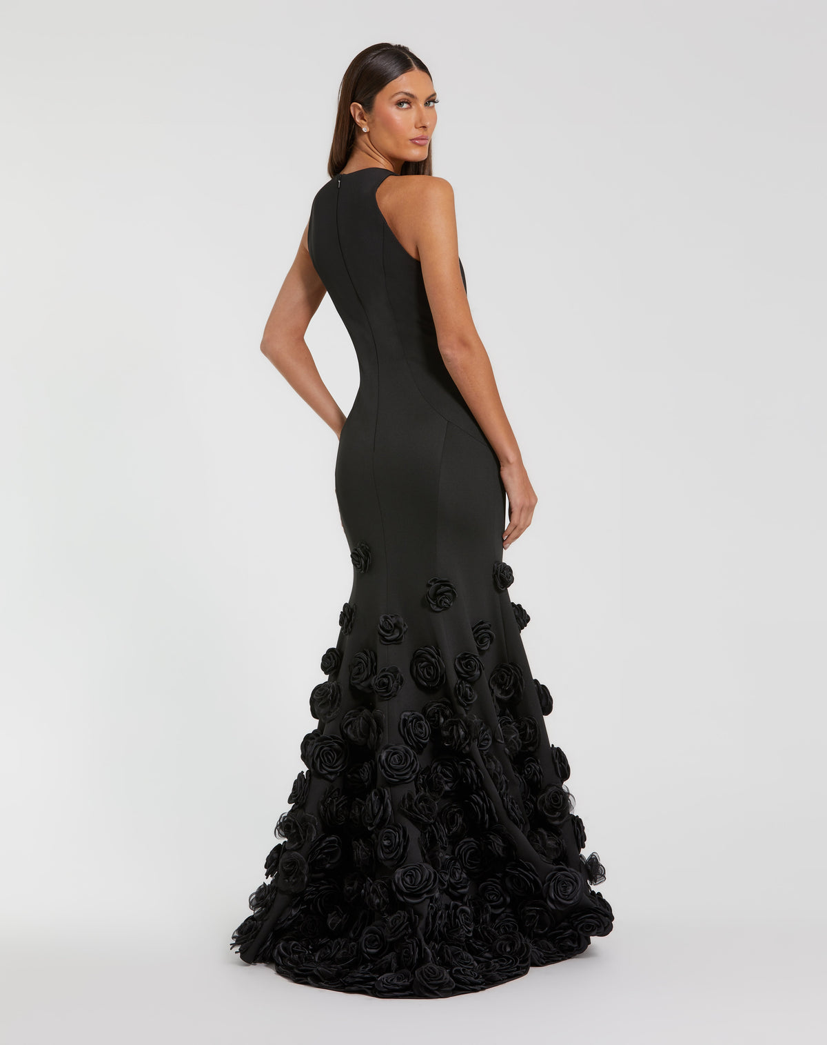 Black Sleeveless Crepe Mermaid Gown with 3D Floral Hem