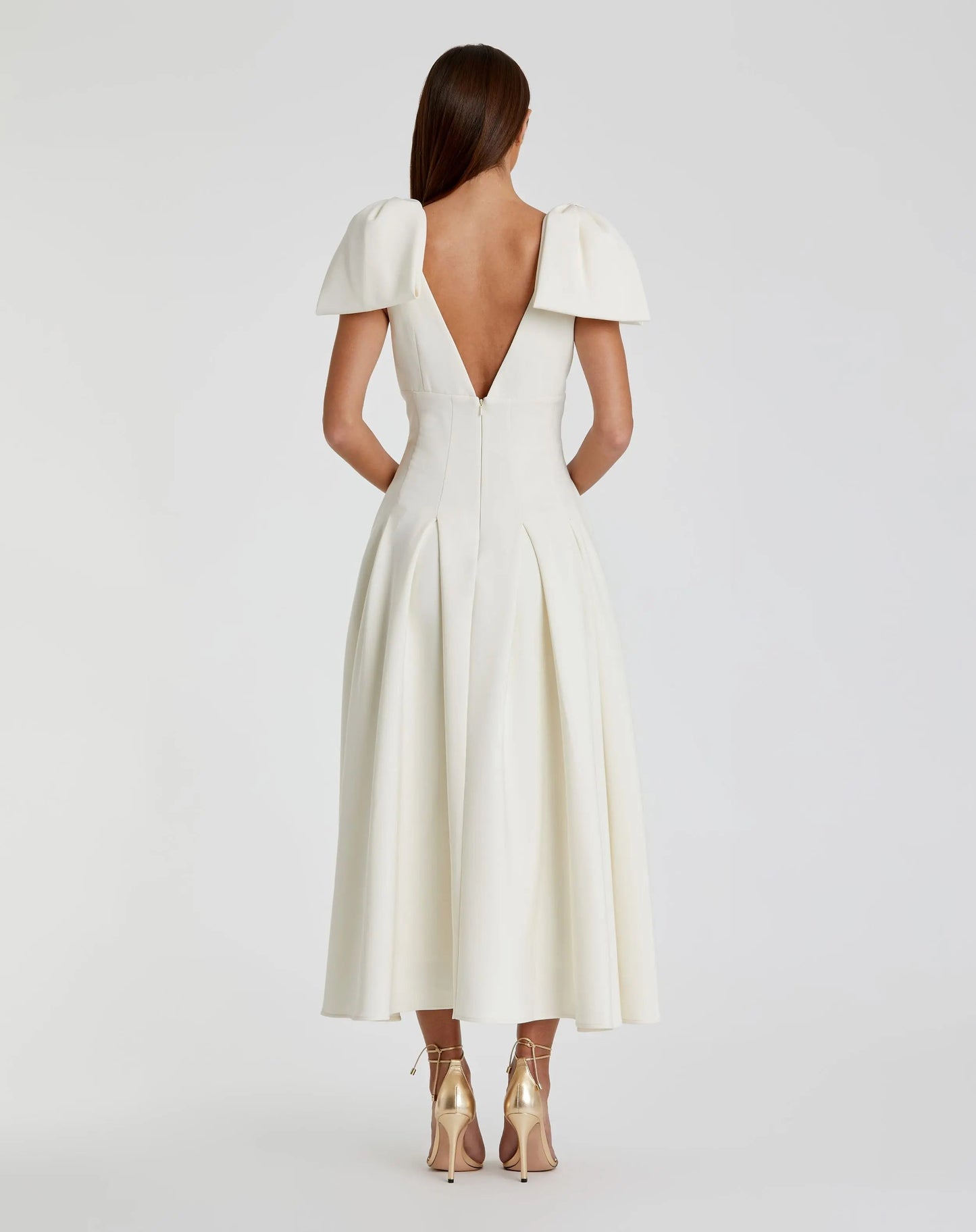 Ivory Crepe A Line Midi Dress With Bow Straps