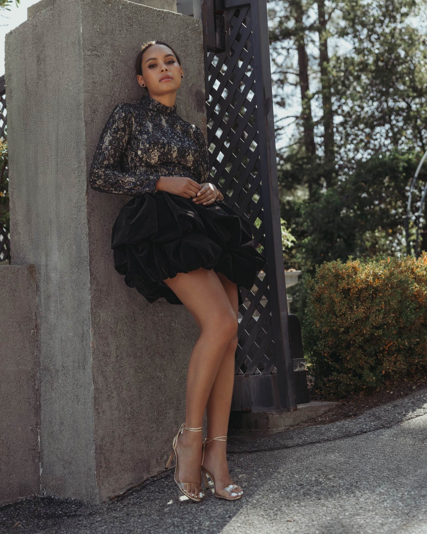 Black Mock Neck Long Sleeve Lace And Velvet Mini Dress