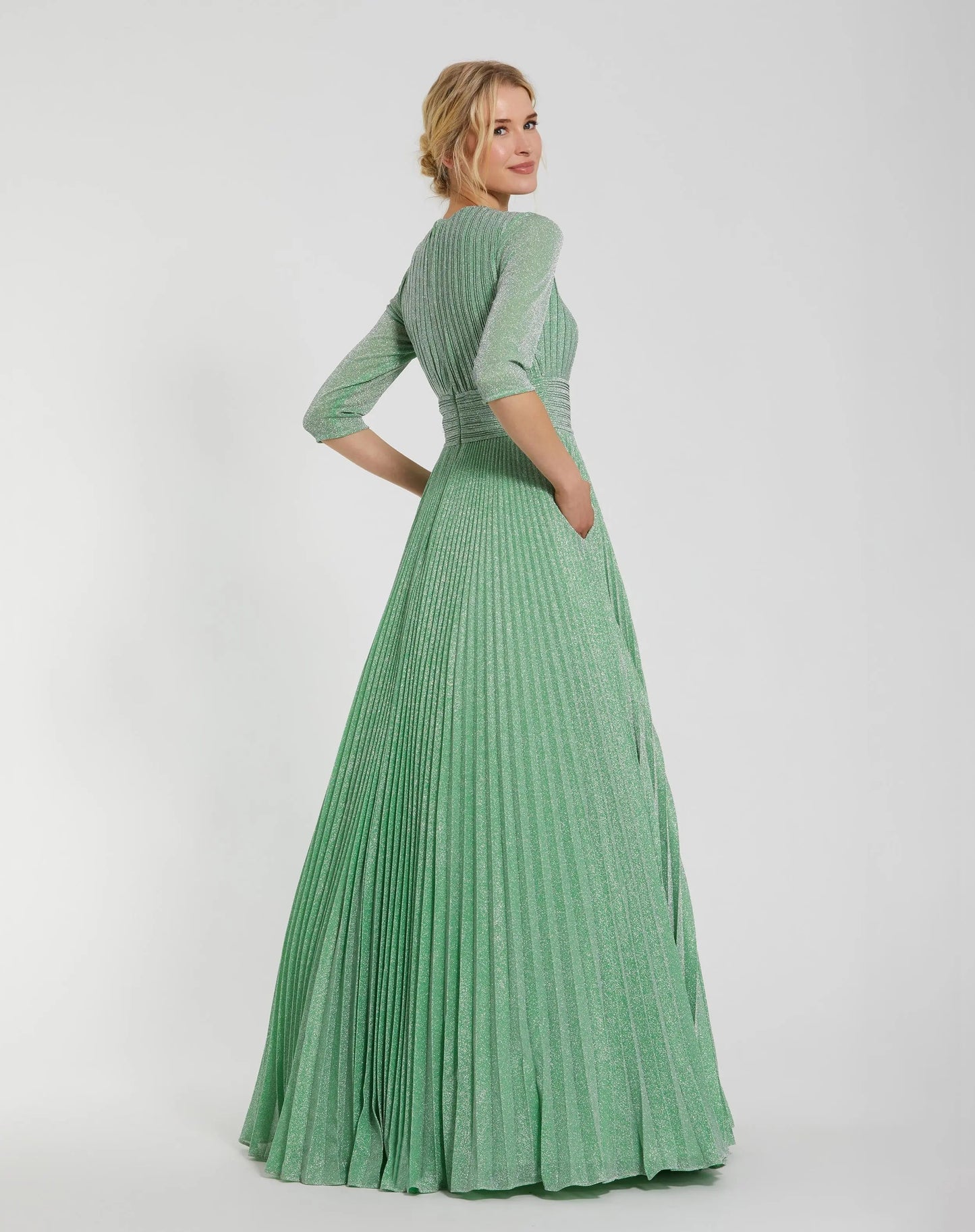 Green Pleated Shimmering 3/4 Sleeve Ball Gown