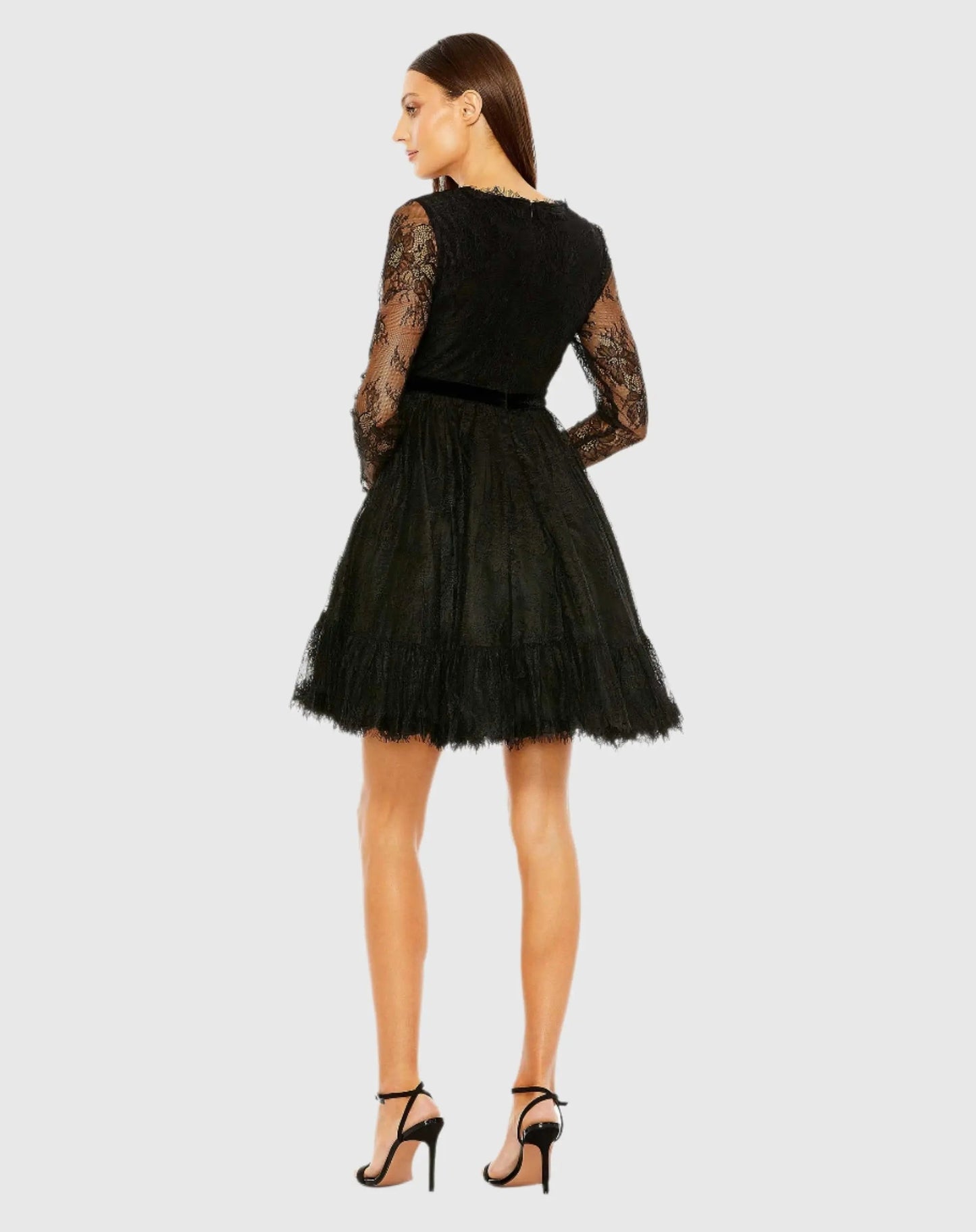 Black Long Sleeve Deep V Lace Babydoll Dress