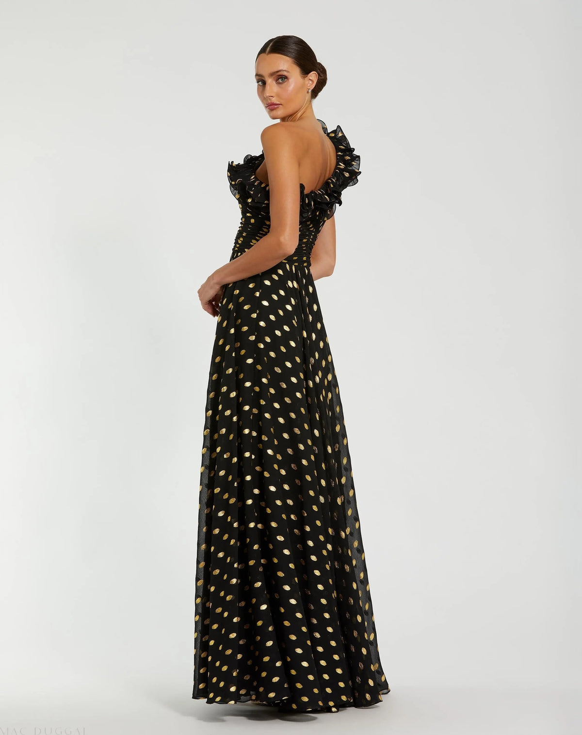 Black One Shoulder Ruffle Chiffon Gown With Slit