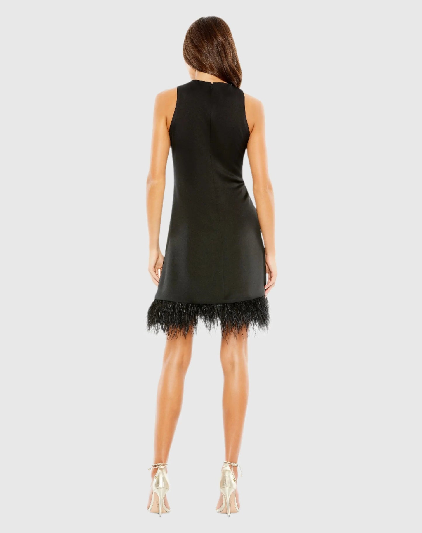 Black Feathered Hem High Neck Sleeveless Trapeze Dress - Final Sale