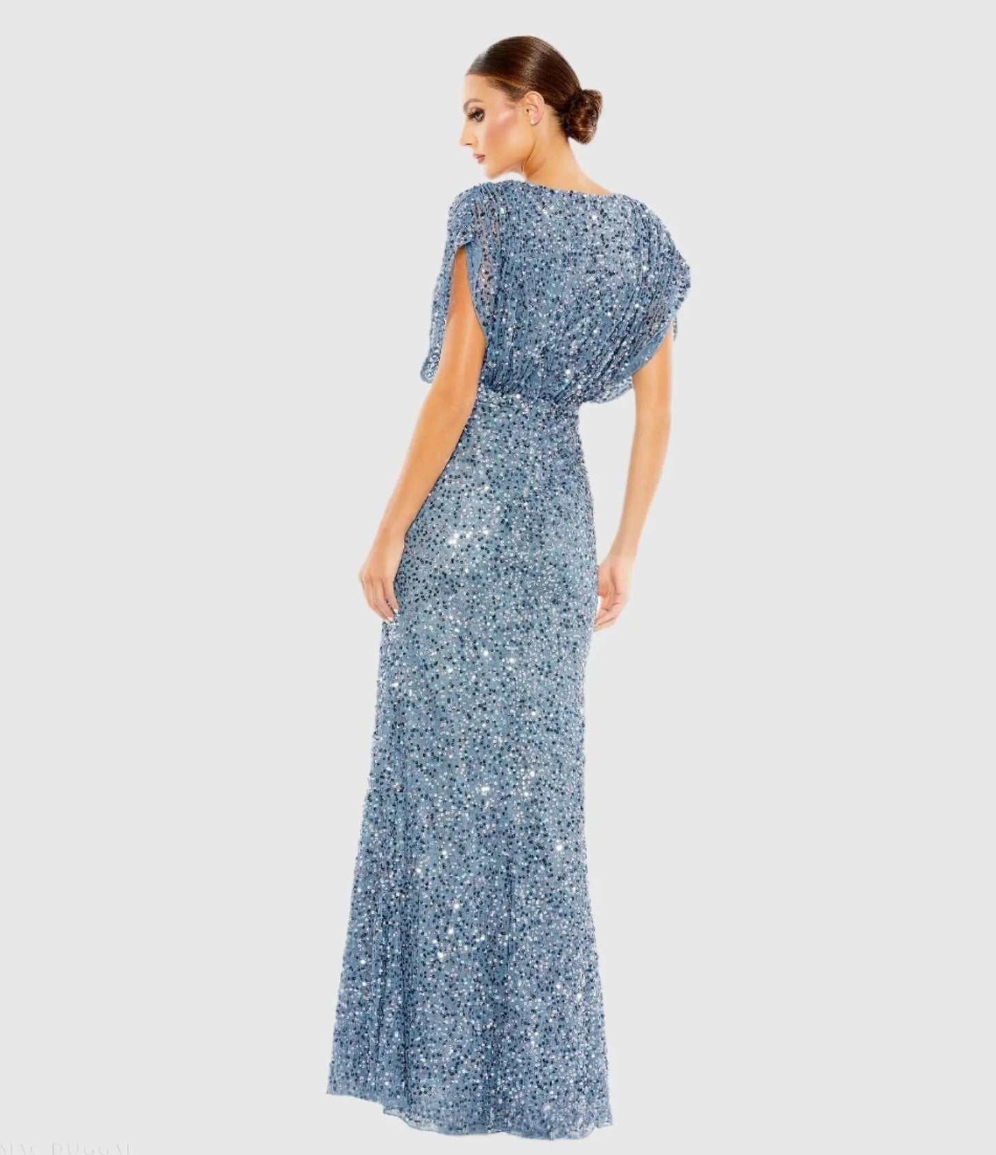 Blue Draped Sleeve V Neck Gown