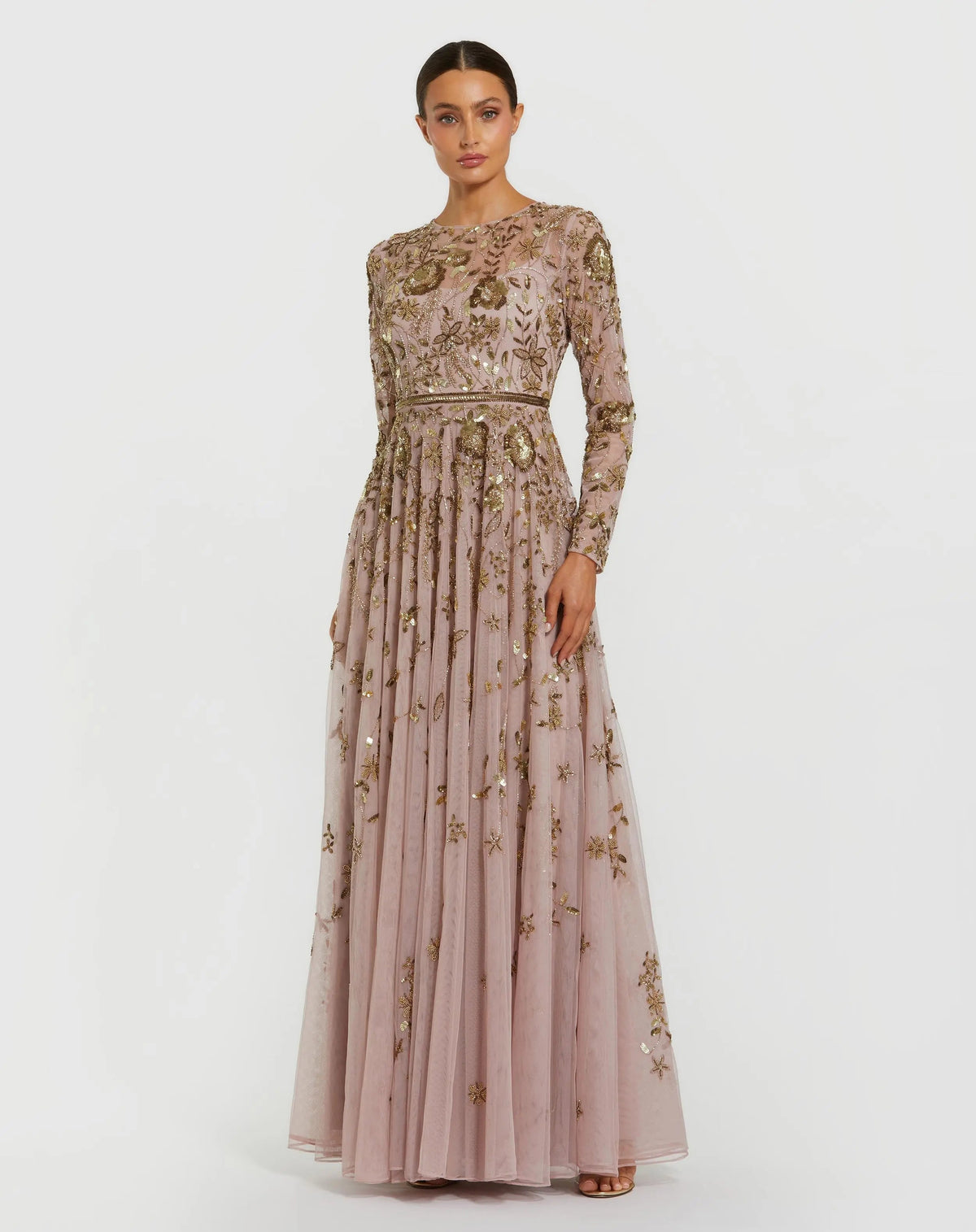 Long Sleeve Hand Embellished Floral A-line Gown
