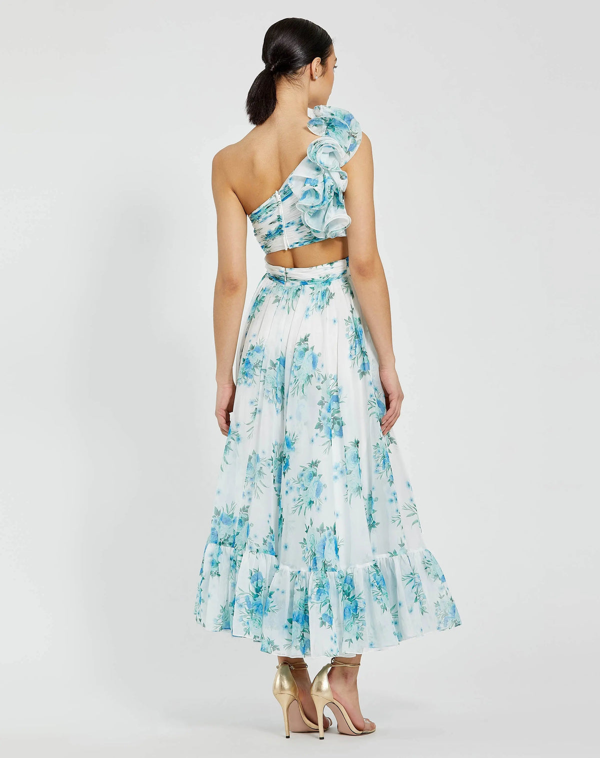 White One Shoulder Ruffle Cut-Out Chiffon Midi Dress