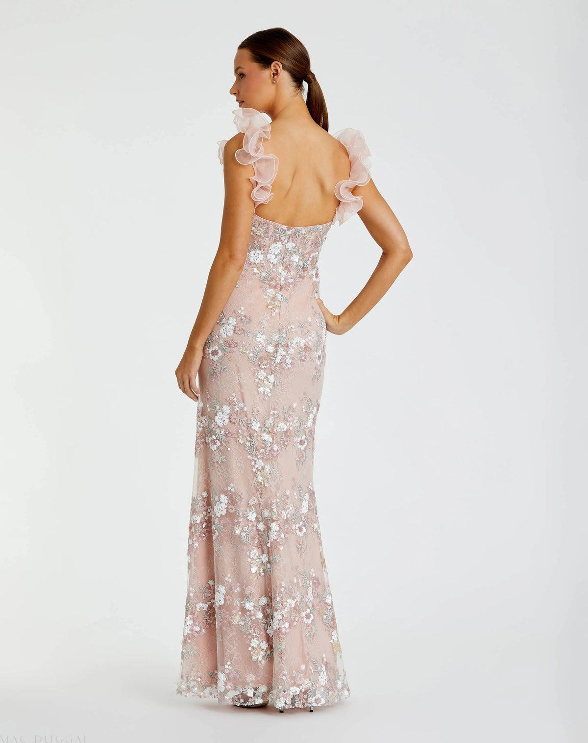 Pink Embroidered Floral Column Gown with Ruffle Straps