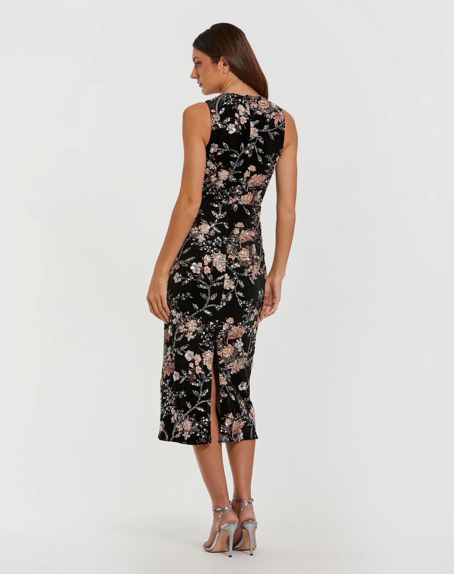 Black Velvet High Neck Sequined Midi Dress with Multicolor Embroidery