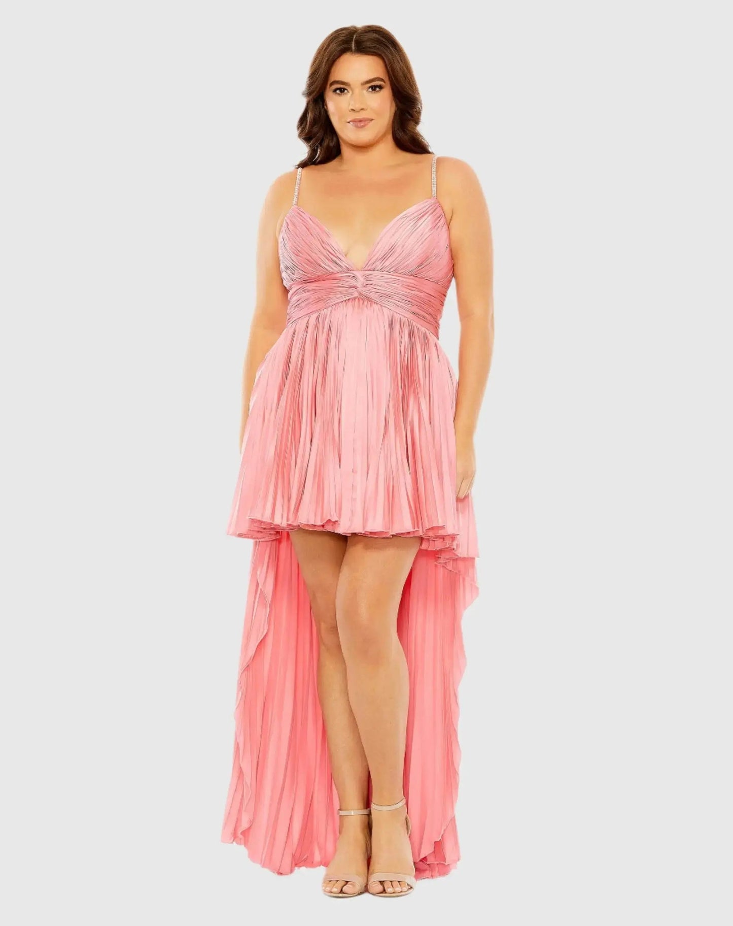 Rhinestone High Low Pleated Gown