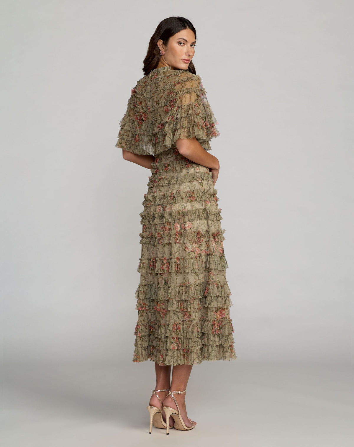 Green Floral Ruffle Midi Dress With Cape