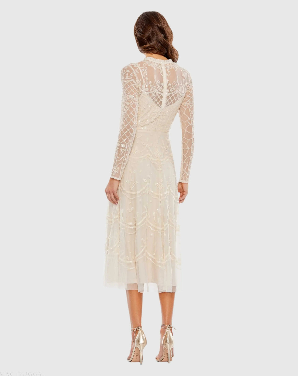 Nude Sequined Illusion High Neck Long Sleeve Midi Dress