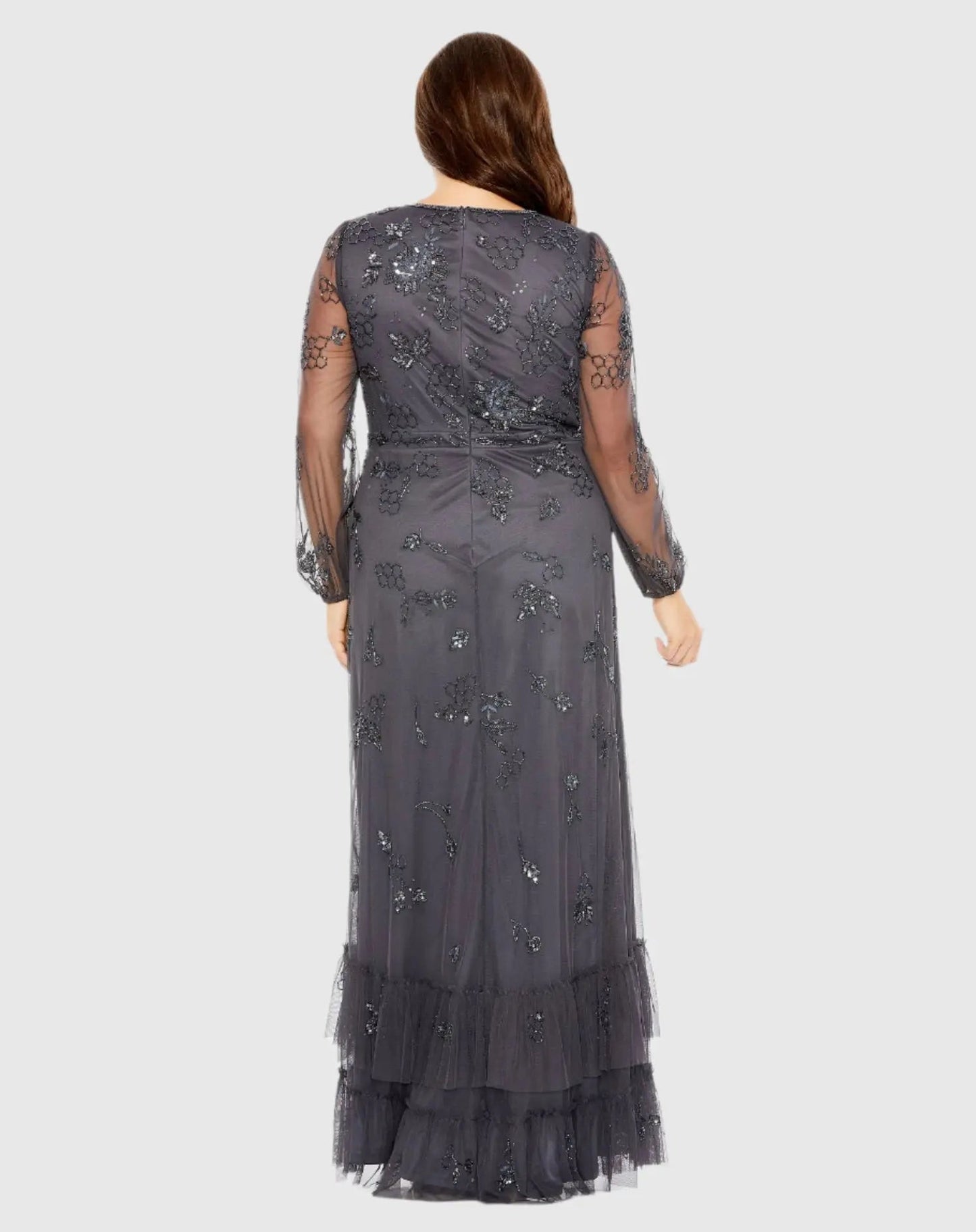 Gray Long Sleeve Embellished V-Neck Gown (Plus)