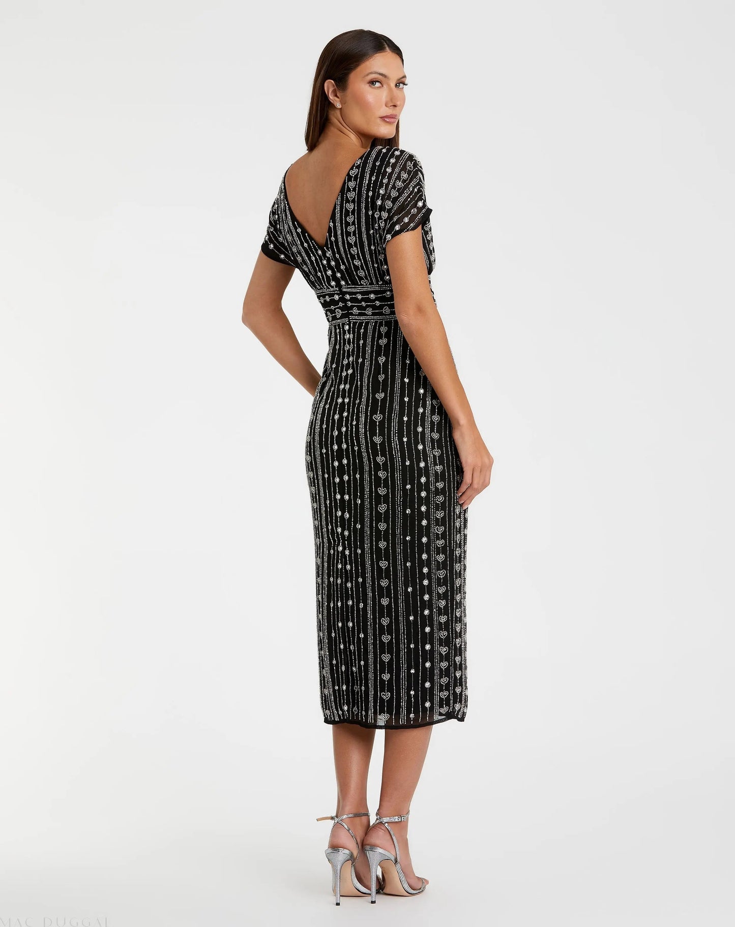 Black Beaded Cap Sleeve Empire Waist Sheath Midi Dress