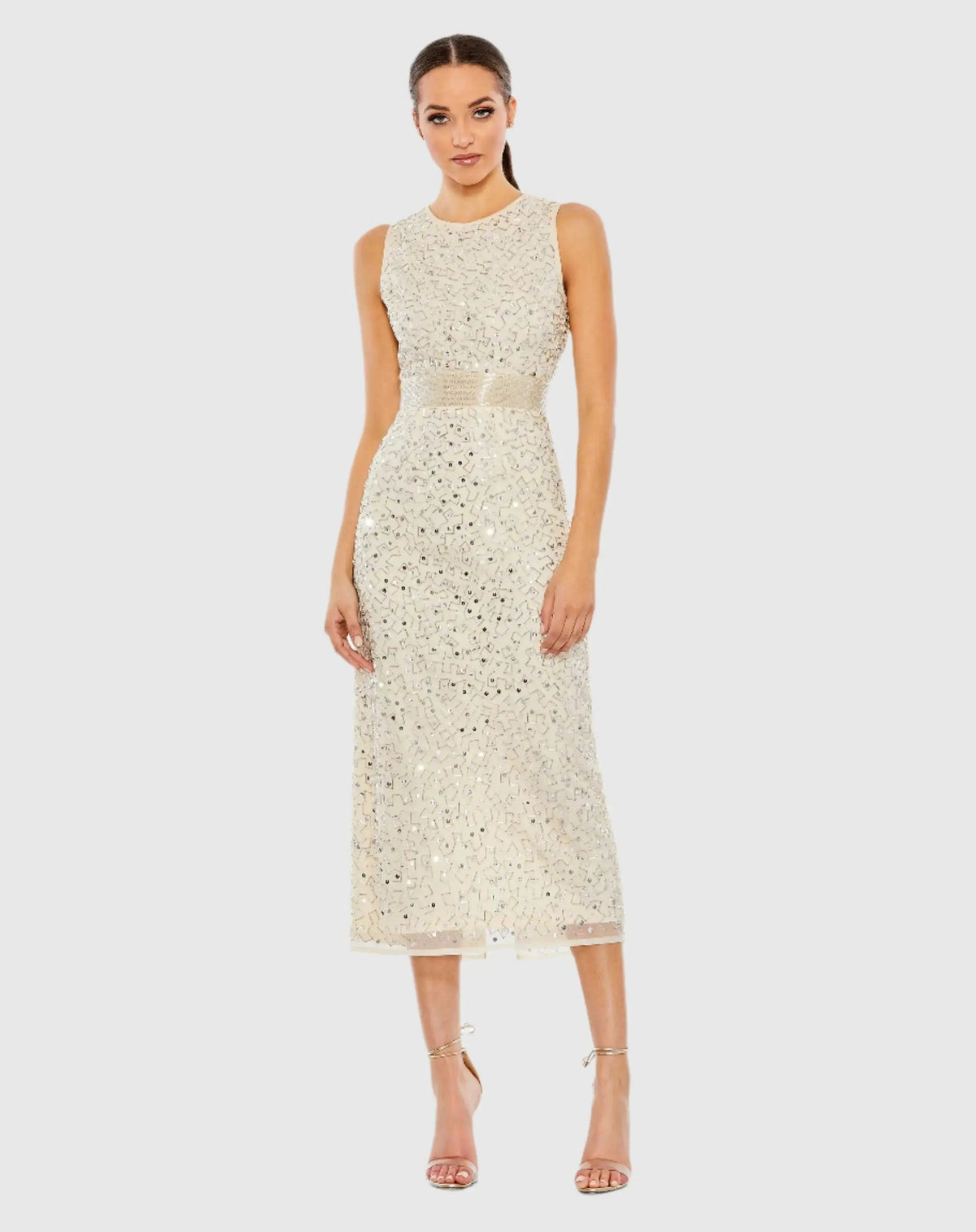 Geometric Embellished Sleeveless Column Dress