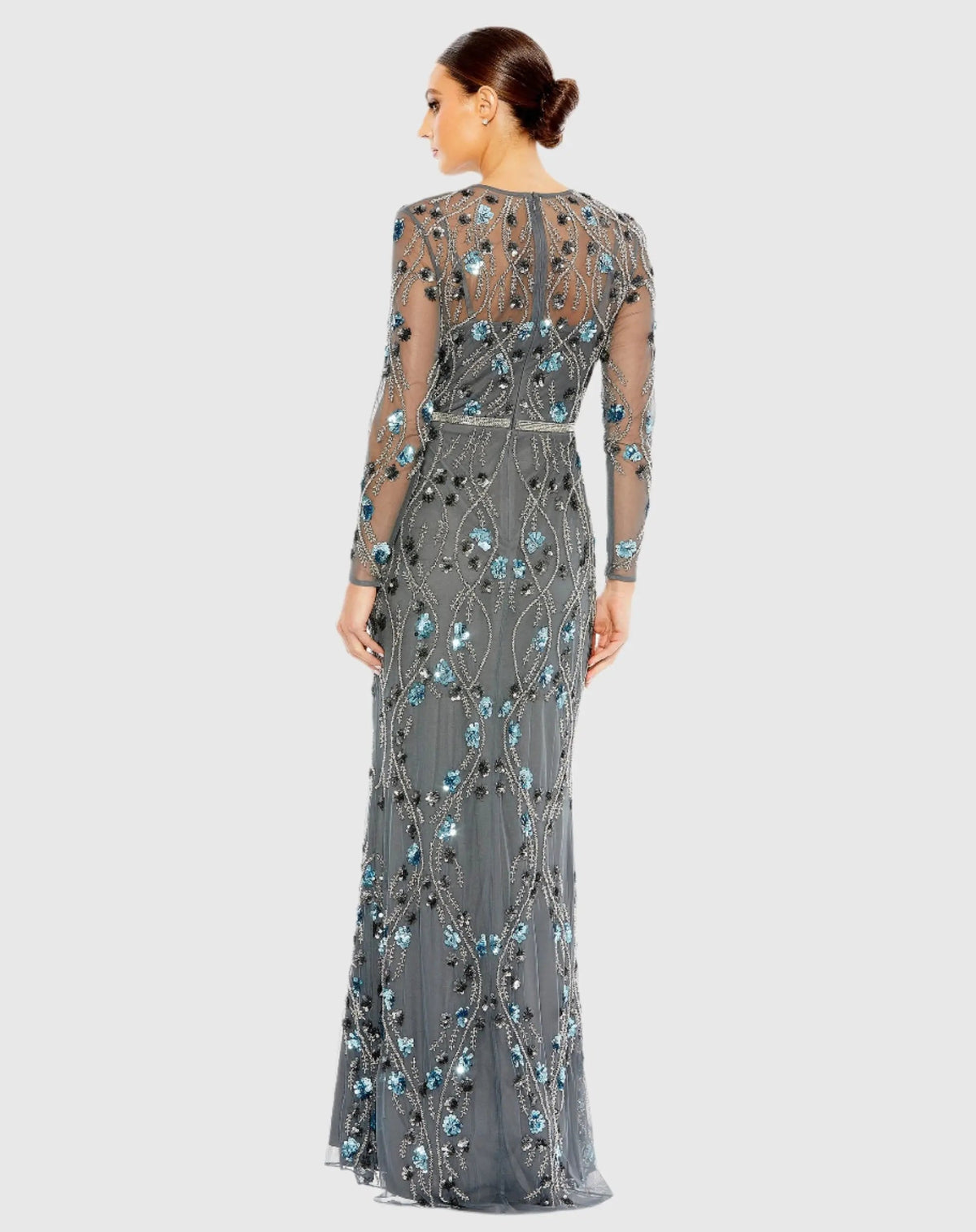 Gray Floral Embellished Long Sleeve Gown