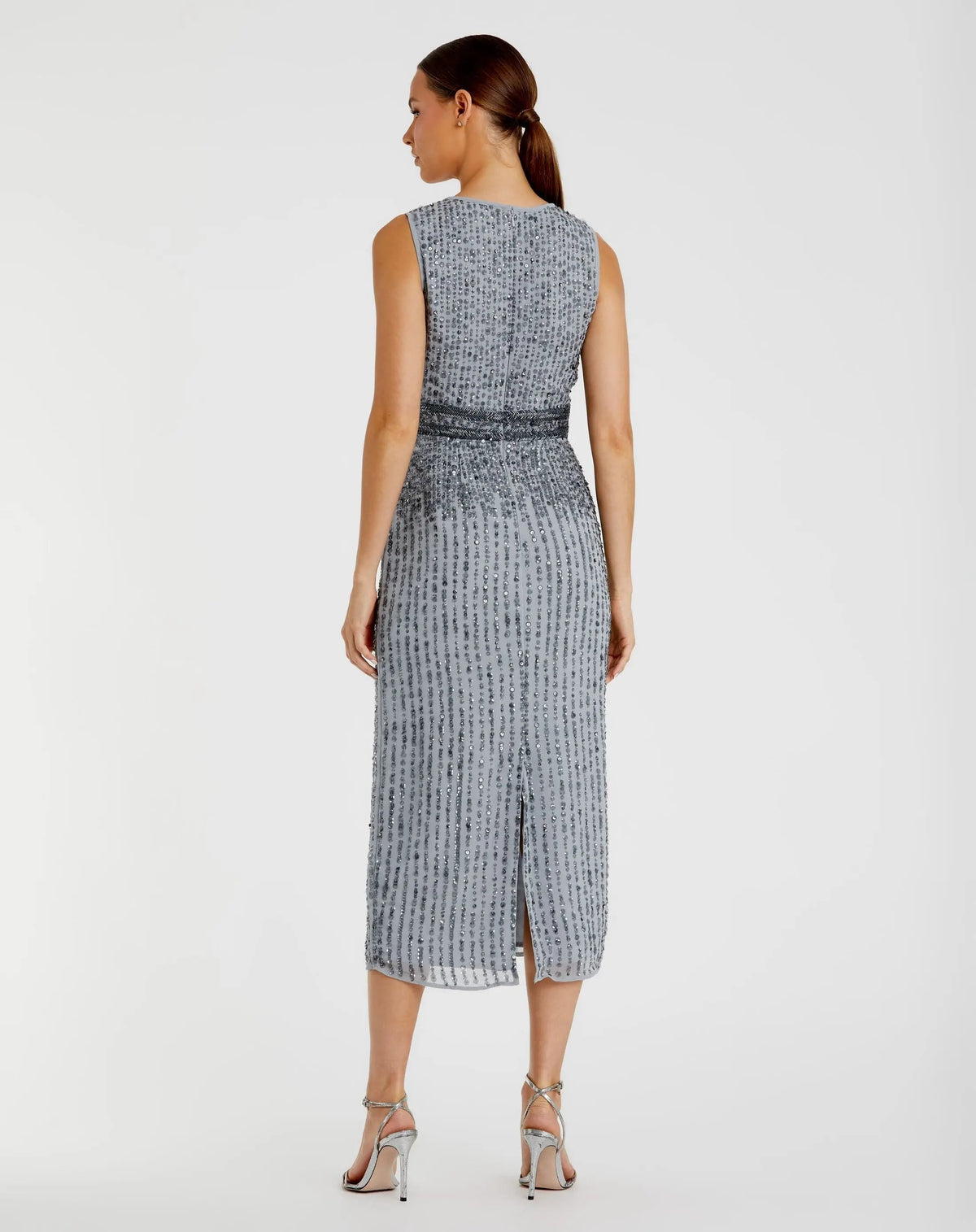 Gray Sleeveless High Neck Beaded Midi Sheath Dress - FINAL SALE