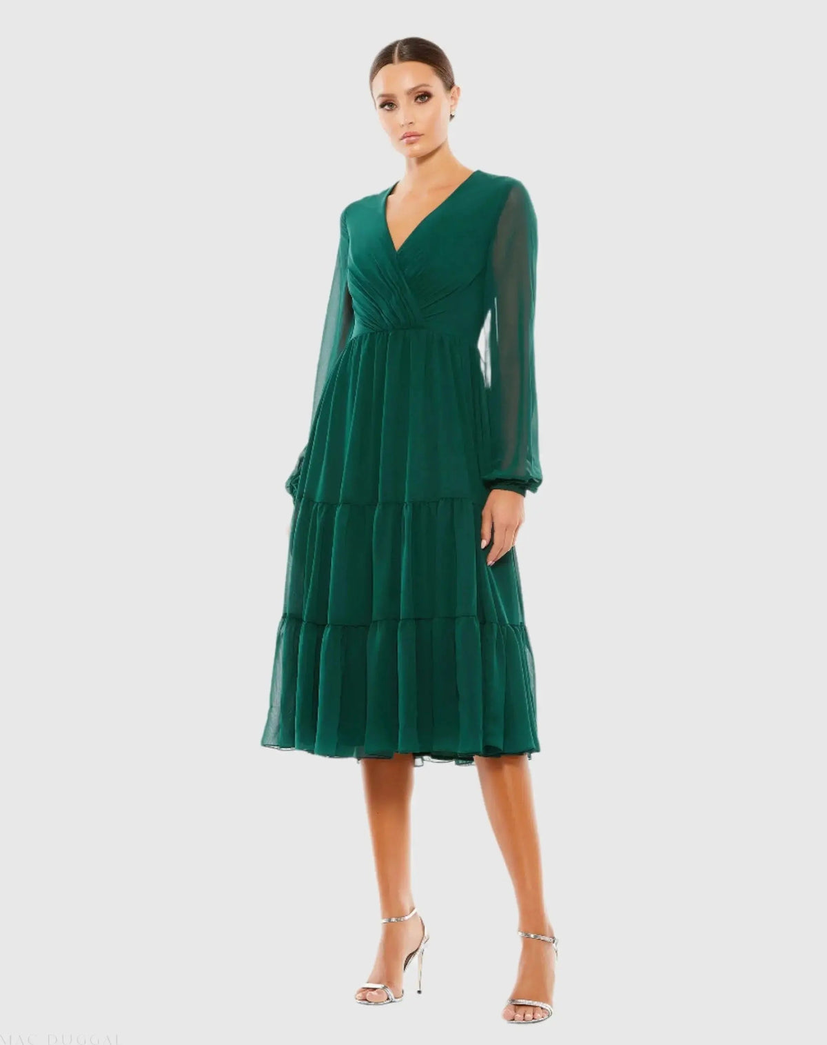 Ruched V-Neck Tiered Midi Dress