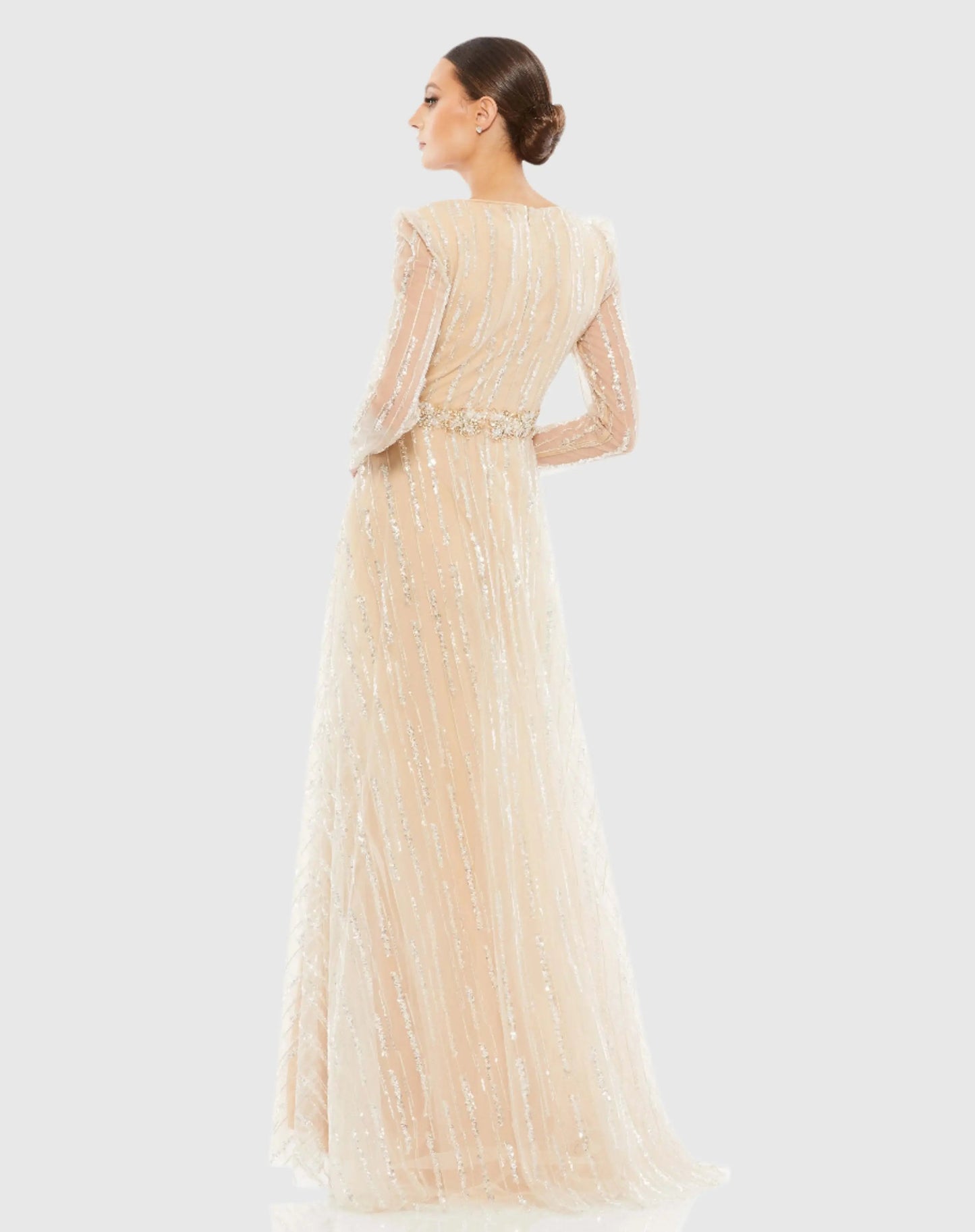 Beige Long Sleeve Gown with Silver Sequin