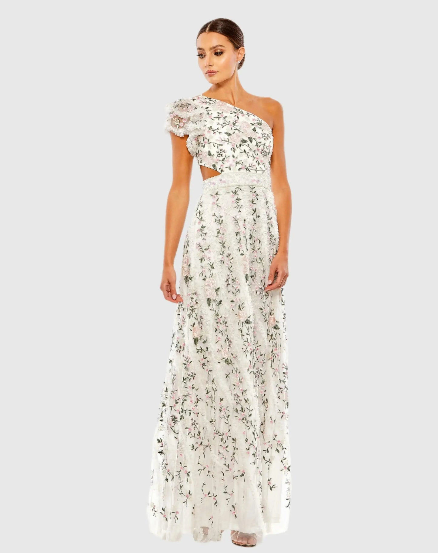 Multicolor Embroidered Ruffled One Shoulder Lace Up Gown
