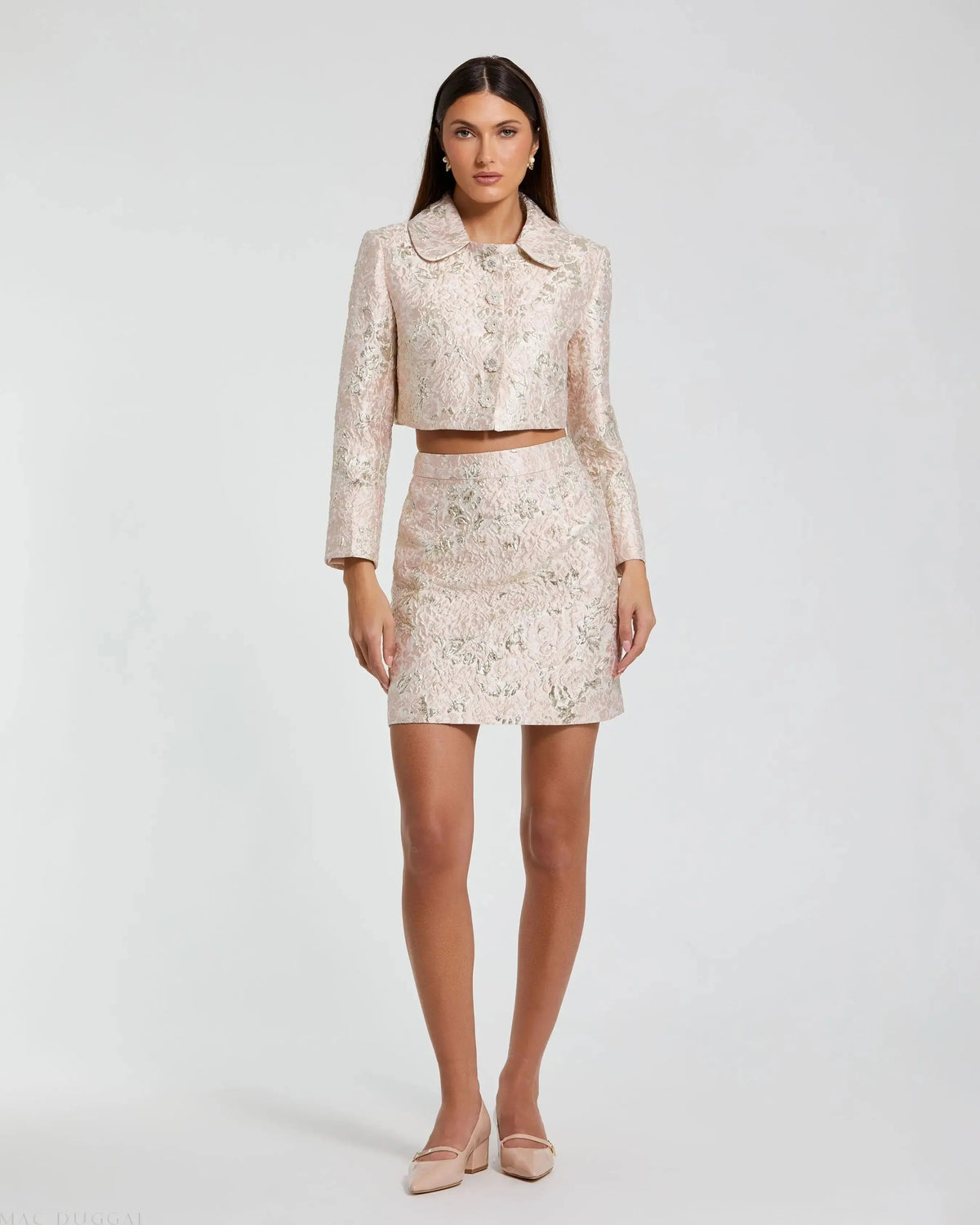 Pink Pearl Button Brocade Cropped Jacket