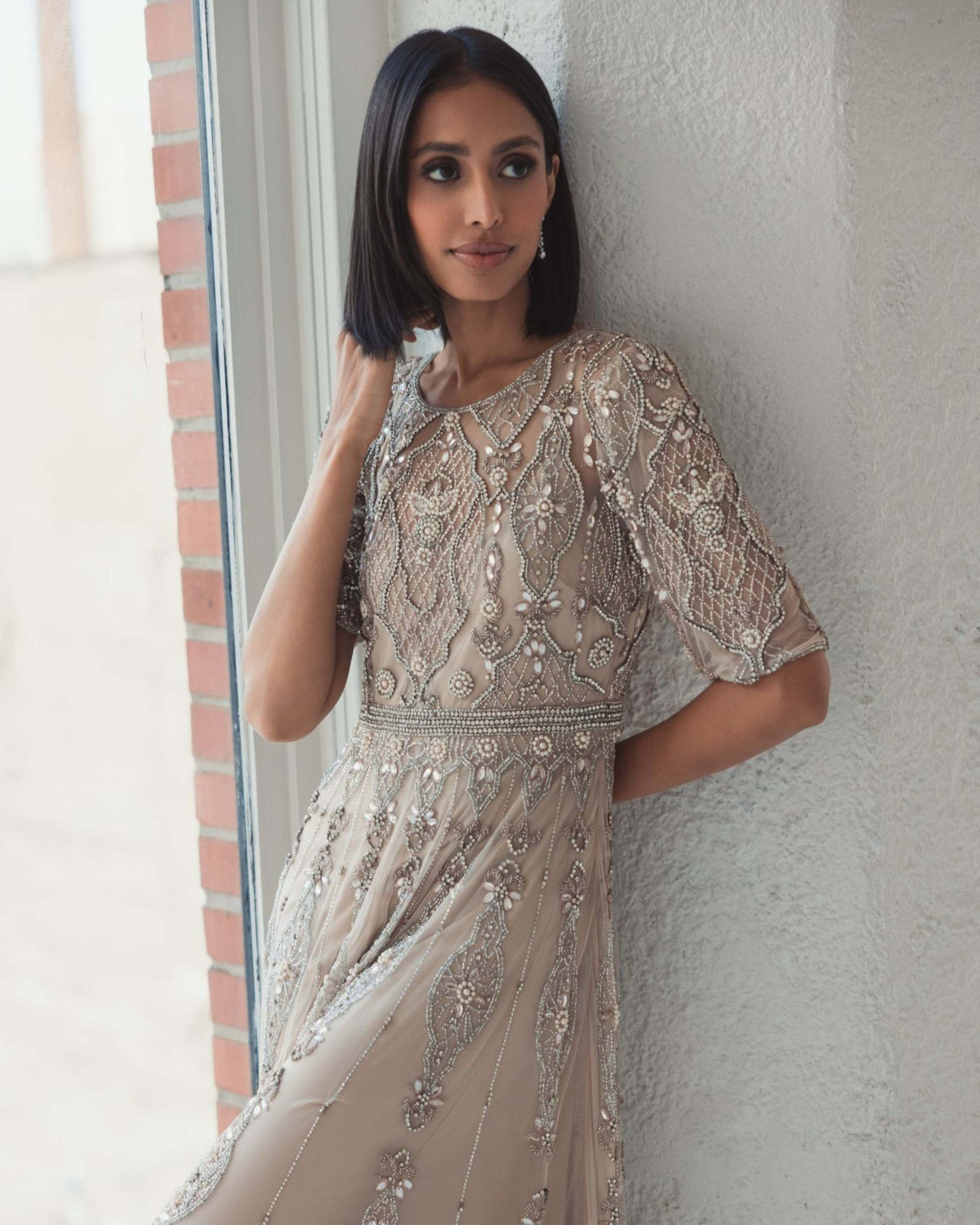Beige 3/4 Sleeve Embellished A-line Gown