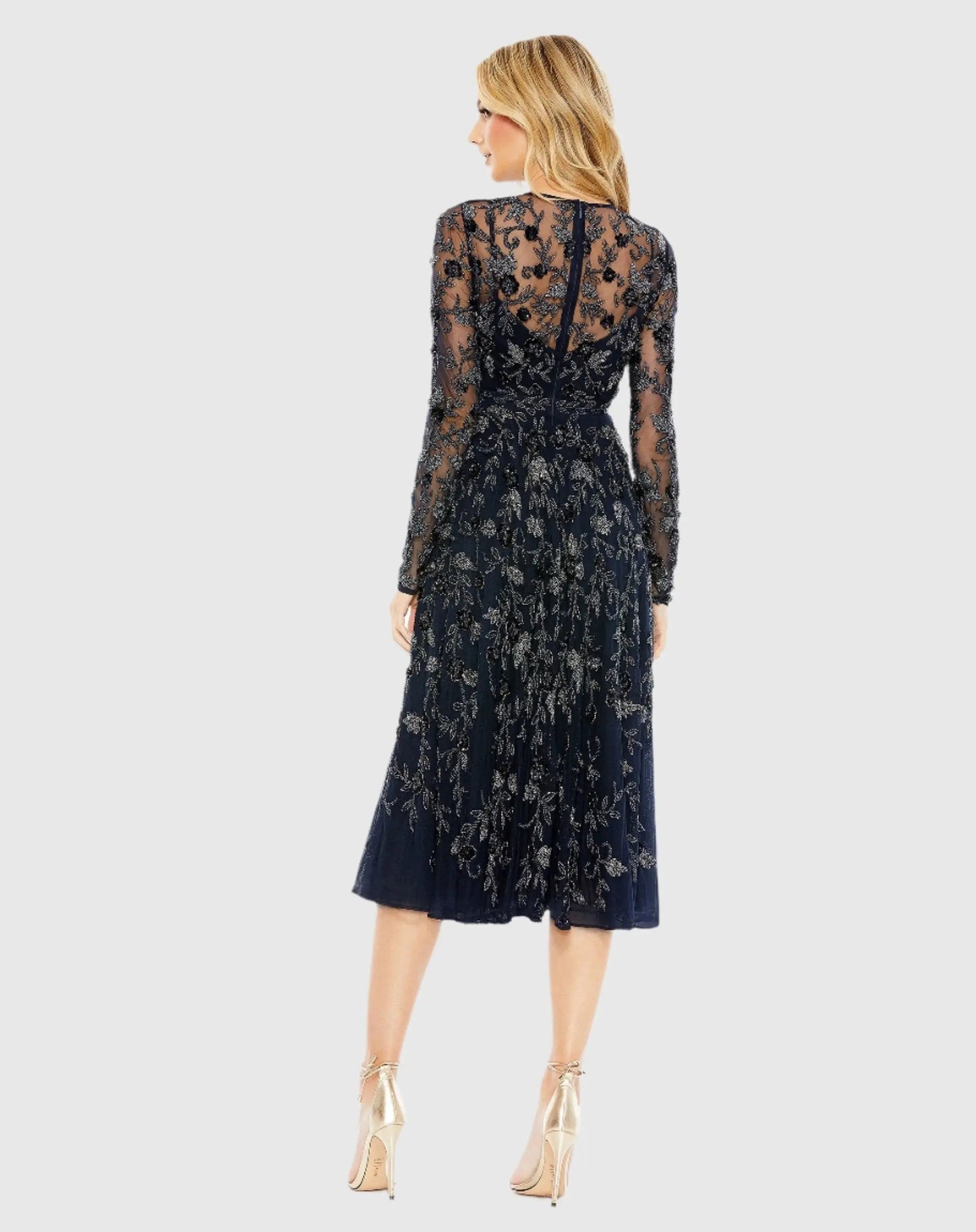 Navy Beaded Illusion High Neck Long Sleeve A Line Dress