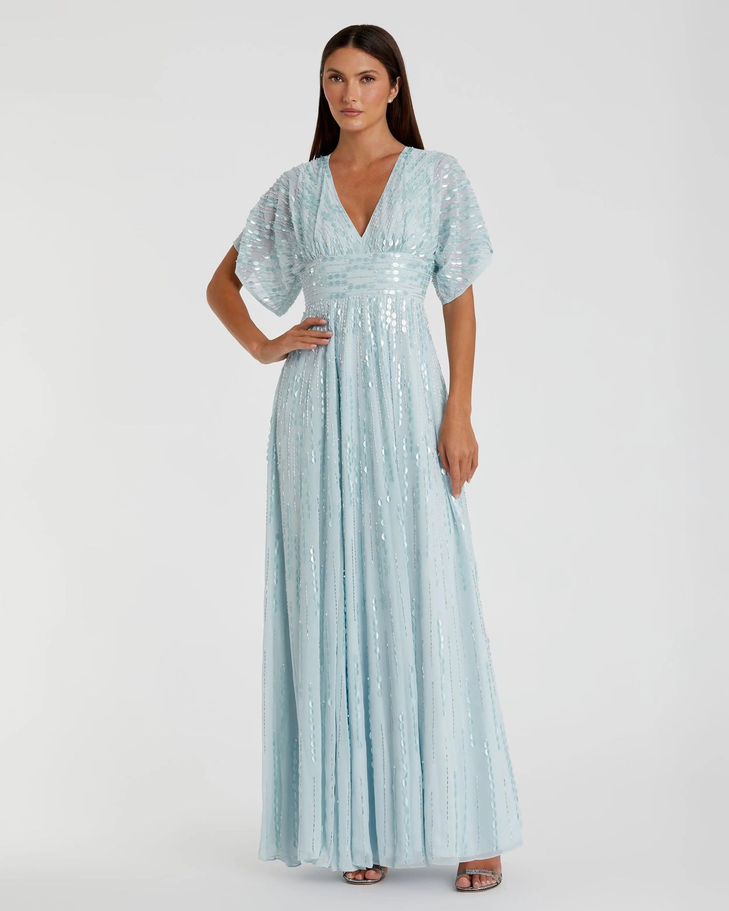 Blue Embellished V Neck Evening Gown