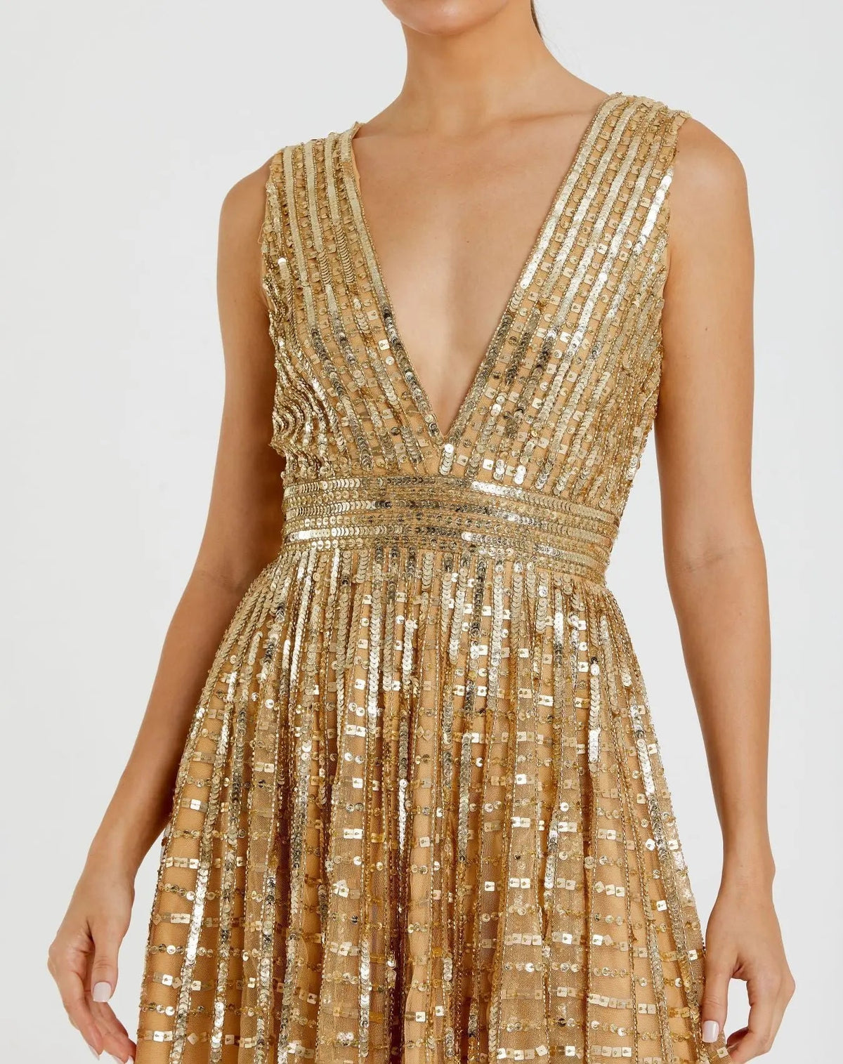 Gold Embellished Sleeveless V Neck A Line Dress