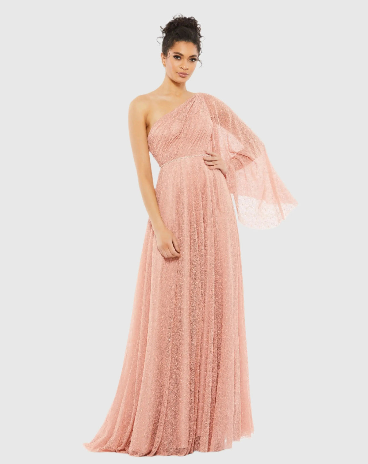 Pink Lace One Shoulder Illusion Sleeve A Line Gown