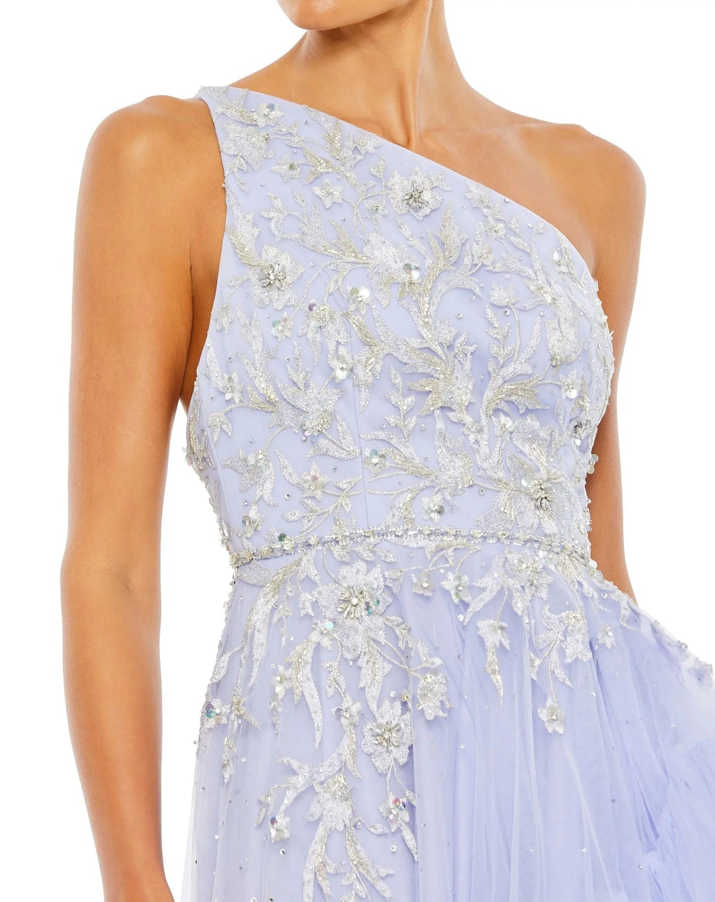 Purple Embellished One Shoulder Asymmetrical Hem Gown