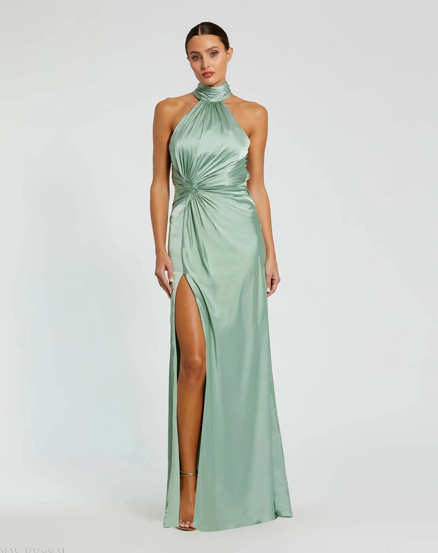 Open Back High Neck Side Ruched Gown