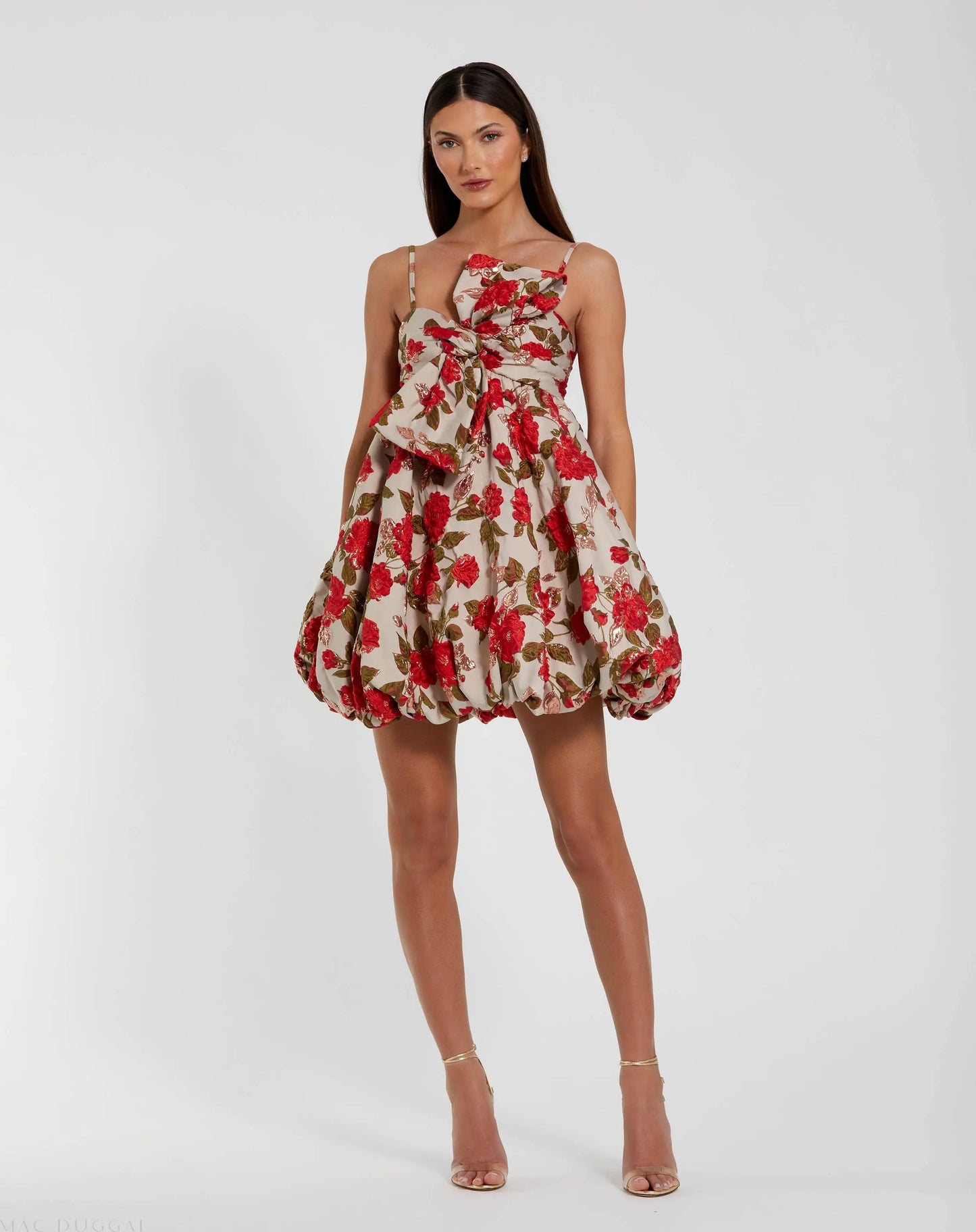 Multicolor Brocade Bubble Skirt Mini Dress with Bow