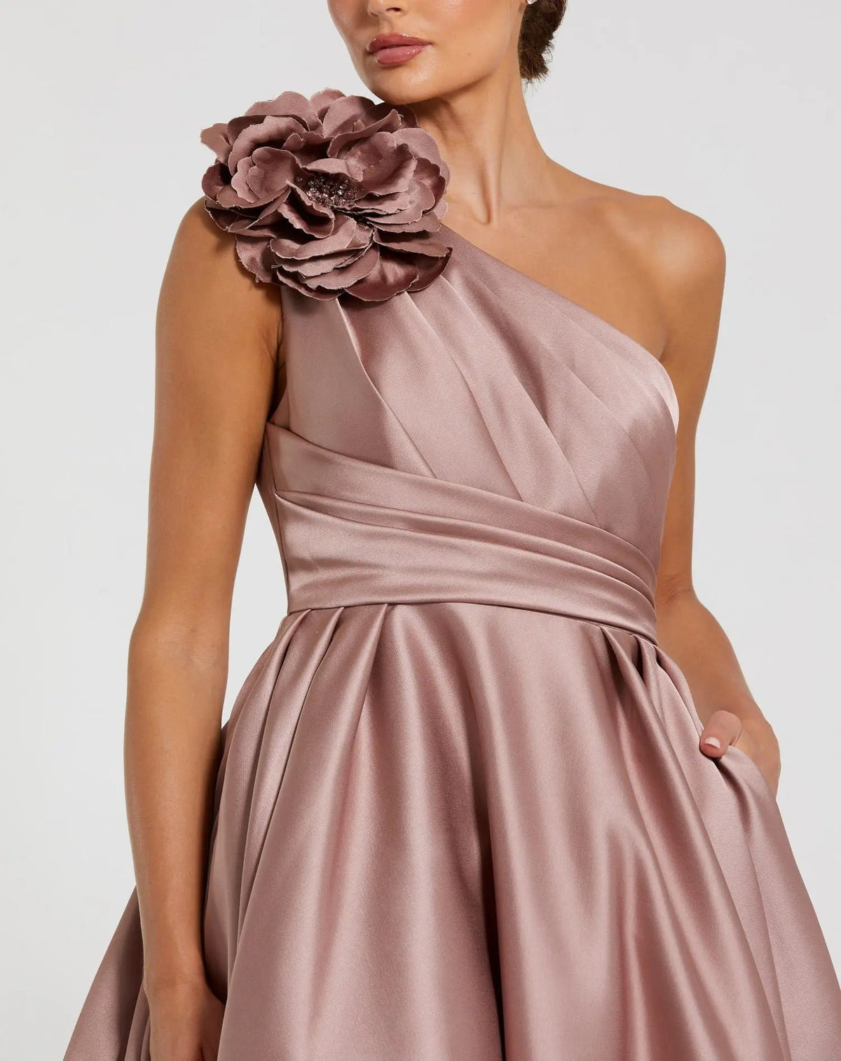 Pink One Shoulder Satin Ball Gown With 3D Flower