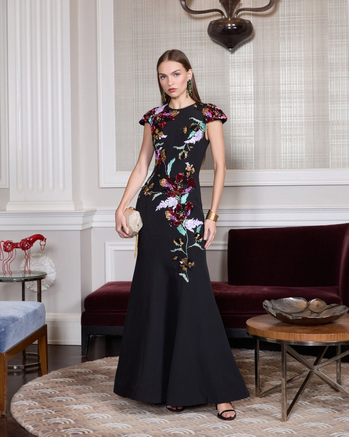 Black Floral Sequin Embellished Trumpet Gown