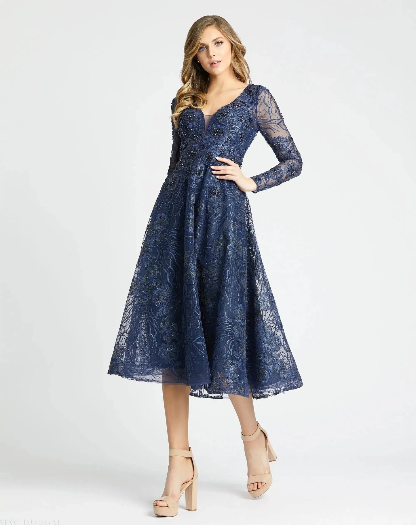 Navy Embellished Plunge Neck Long Sleeve Midi Dress