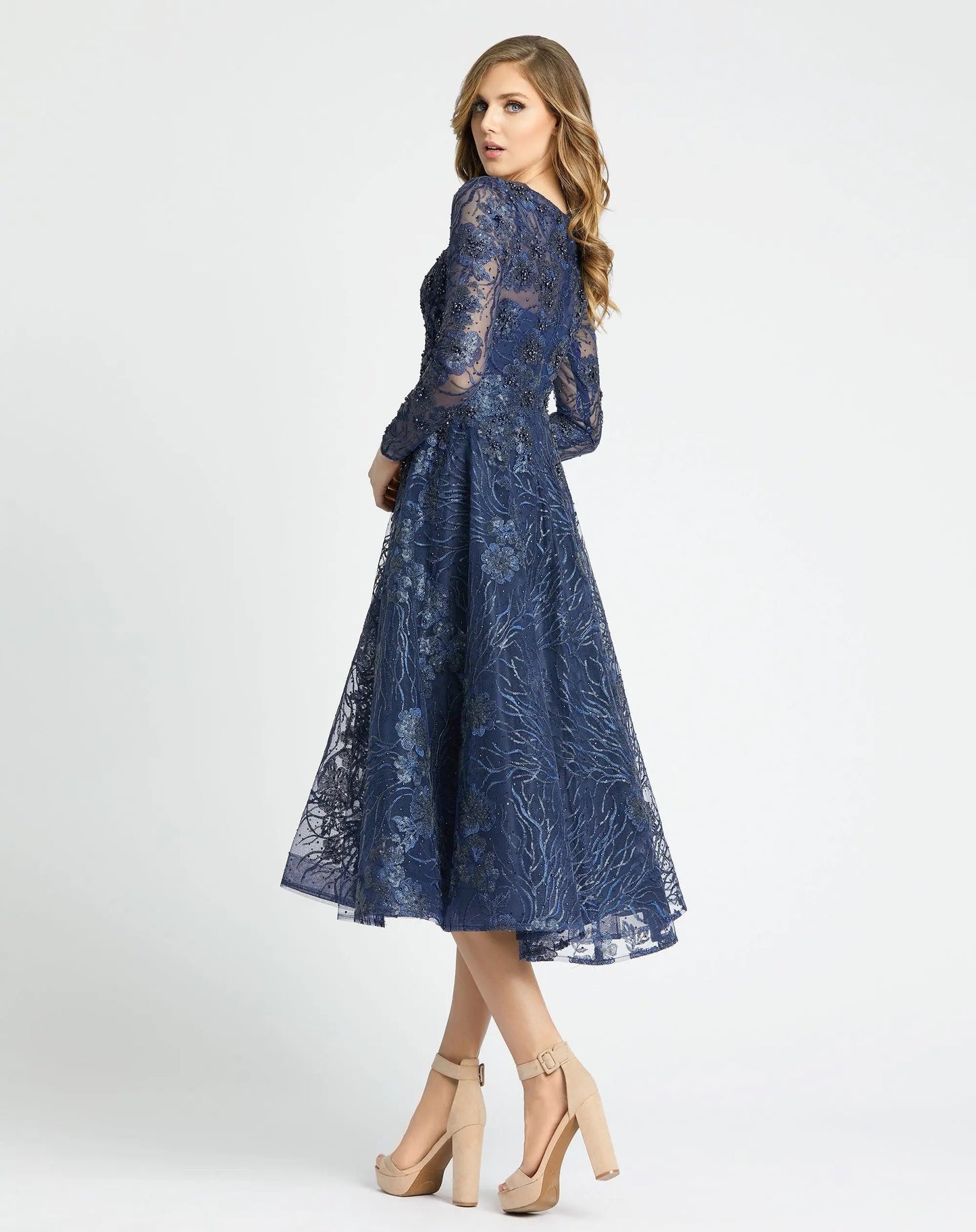 Navy Embellished Plunge Neck Long Sleeve Midi Dress