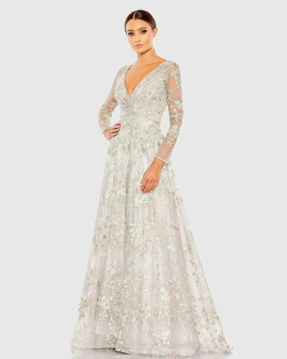 Embroidered Lace Wrap Over Illusion Long Sleeve A Line Gown