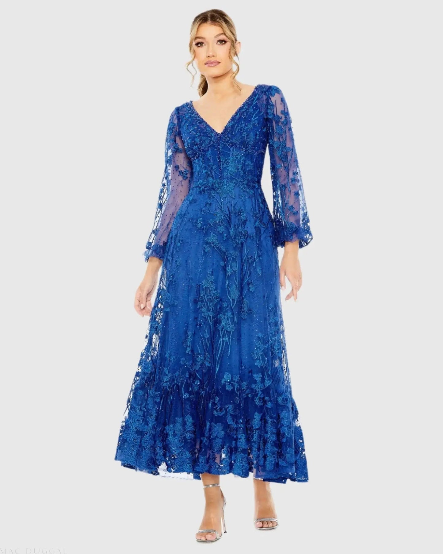 V-Neck Mesh Puff Sleeve A Line Embellished Tea Length Dress