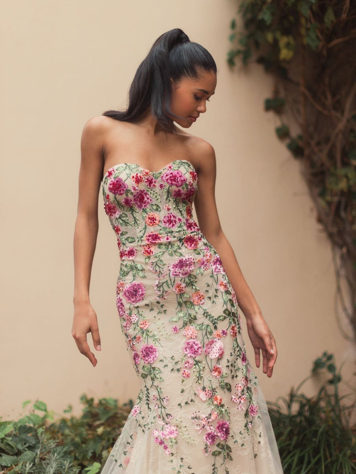 Beige Strapless Bustier Floral Embroidered Mermaid Gown