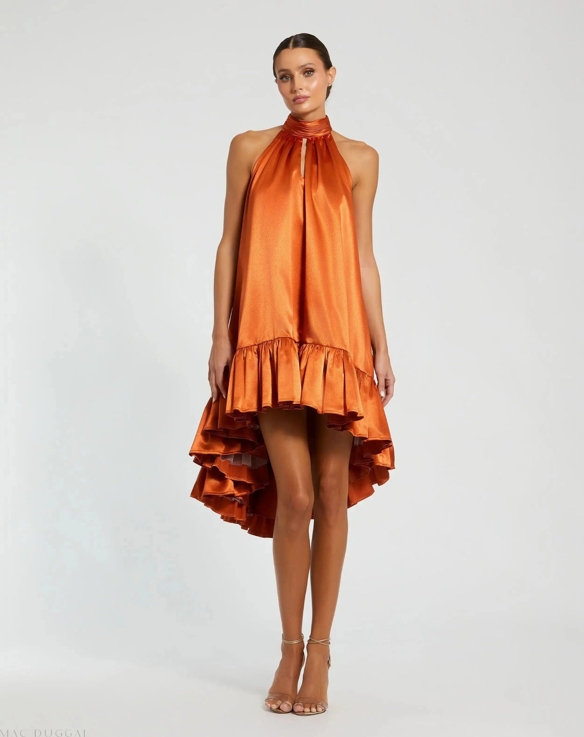 High Neck Satin Mini Dress With Keyhole