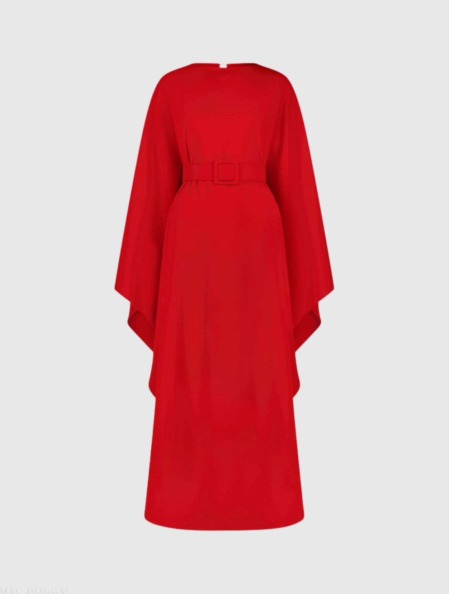 Red Crepe Boat Neck Kaftan Maxi Dress With Belt