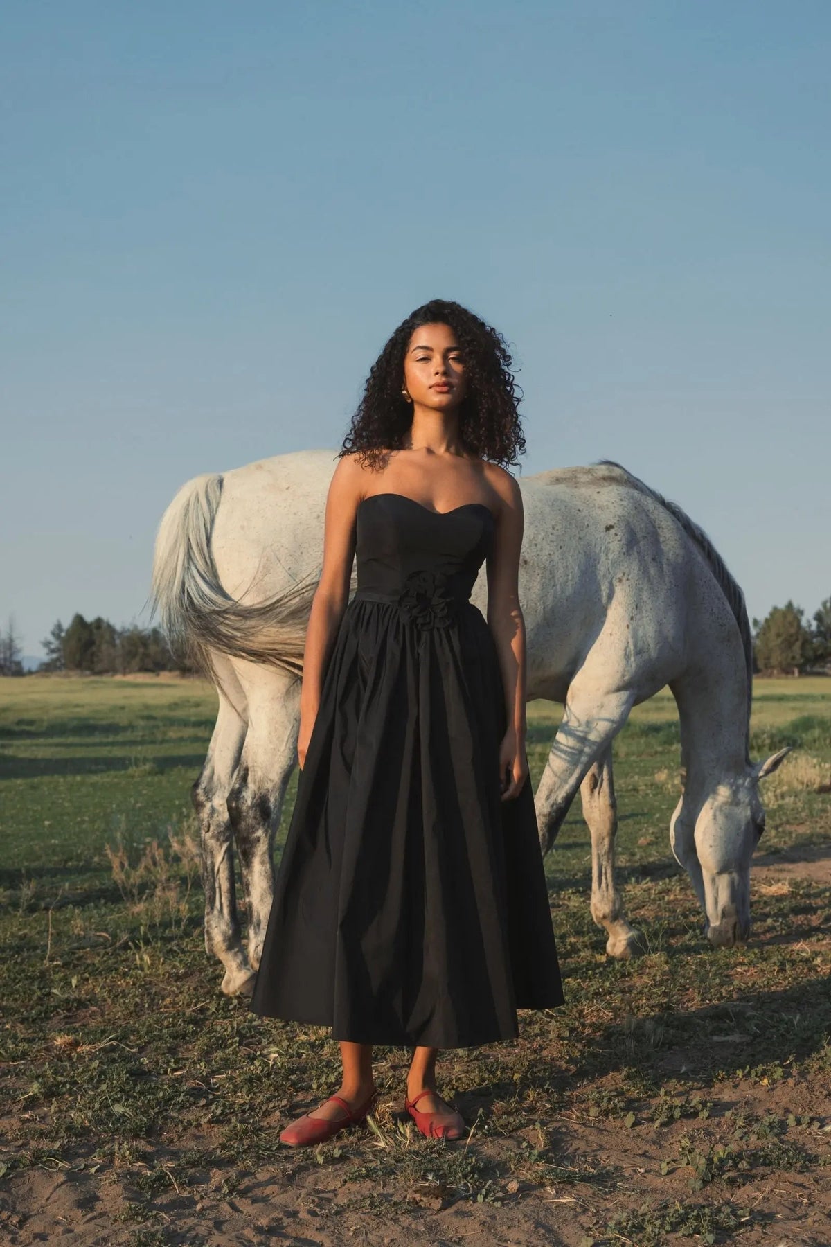 Black Faille Strapless A Line Midi Dress With 3D Rose