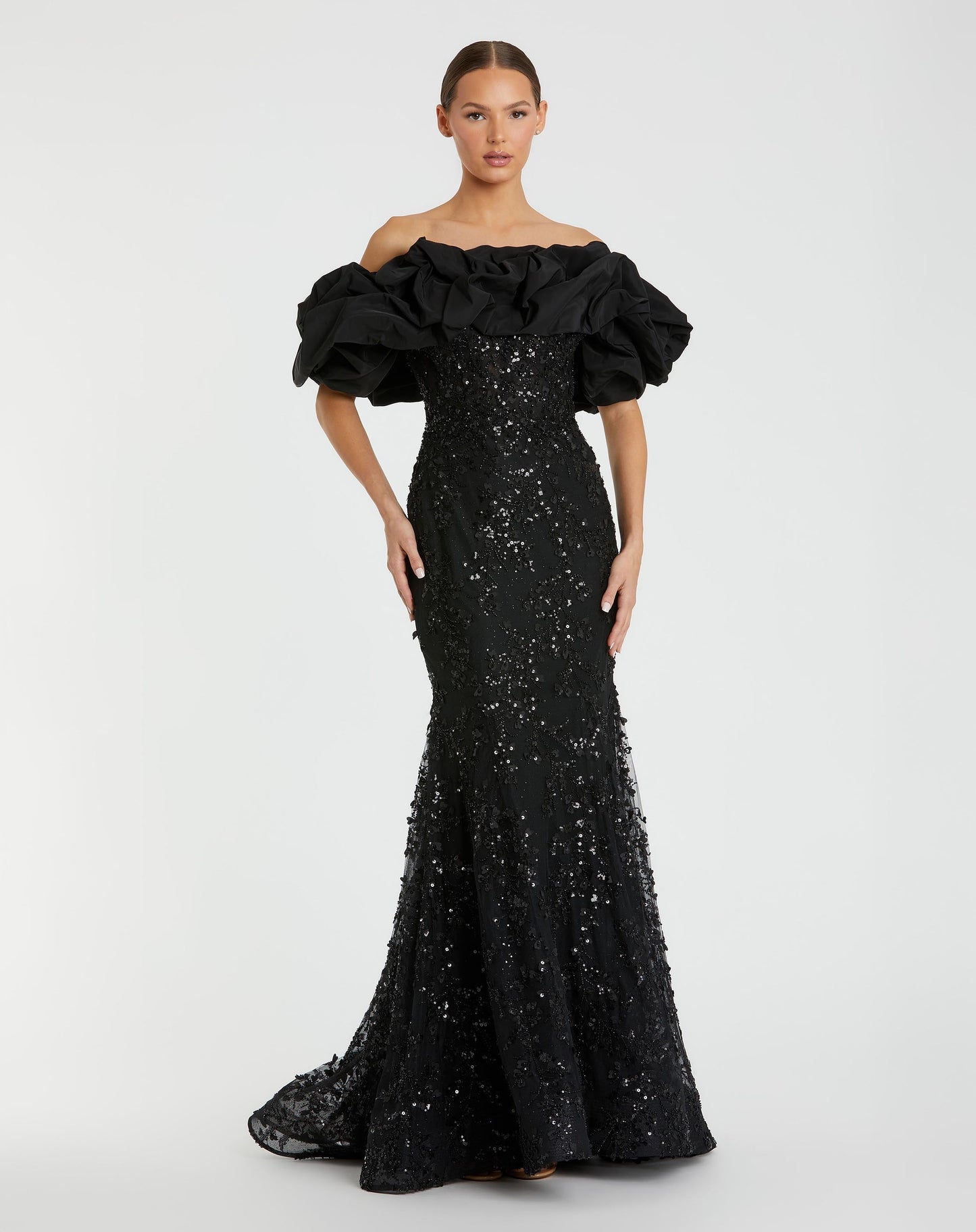 Beaded Mermaid Gown With Off The Shoulder Ruffle