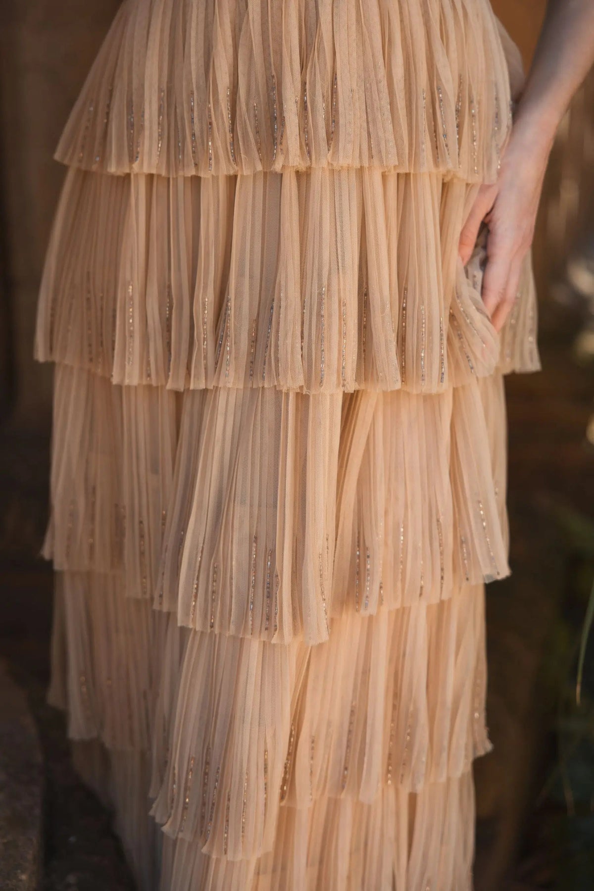 Beige Beaded Mesh V Neck Gown With Tiered Ruffles